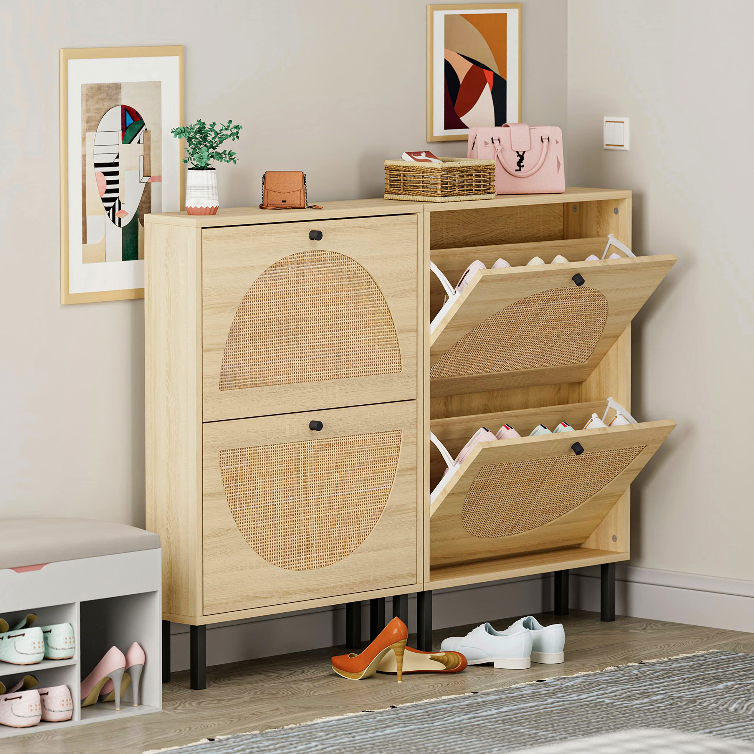 SSLine Rustic Wood Shoe Cabinet with 2 Flip-Down Storage Shelves - Free-Standing Shoe Rack Organizer with Unique Rattan Decor for Entryway, Hallway, or Doorway (Natural) - Perfect for Small Spaces & Home Organization