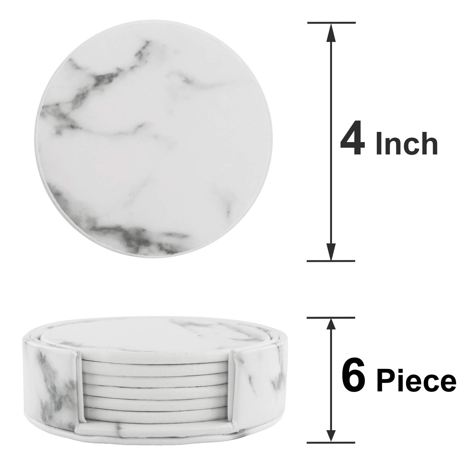 Premium Leather Coasters Set of 6 with Holder - Elegant Marble Drink Coasters for Wine & Coffee - Funny Housewarming Gift Idea - Round Cup Mats for Home, Kitchen & Office Use - Perfect for Parties, Dining & Home Decor