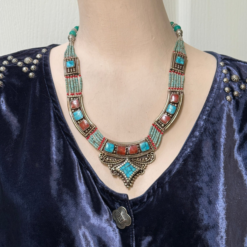 Handmade Tibetan Alpaca Silver Necklace with Turquoise & Coral Beads - Boho Chic Jewelry for Women, Gift for Her | Perfect for Festivals, Weddings & Spiritual Ceremonies