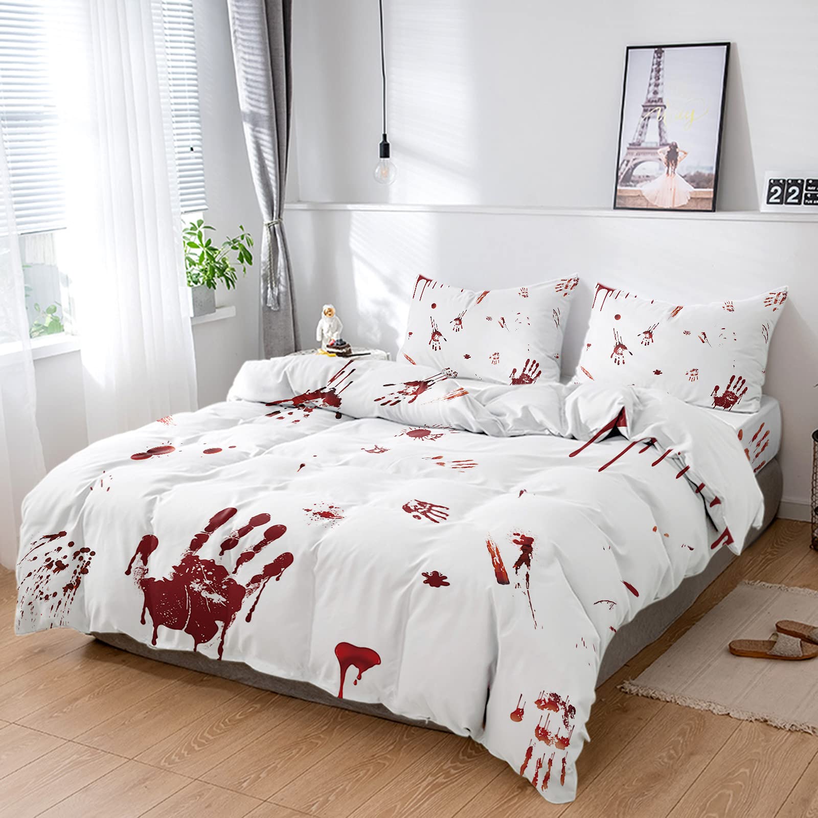 OneHoney Twin 4-Piece Halloween Bedding Set - Bloody Handprint Design, Soft Comforter & Pillow Shams, Red and White Luxury Bedroom Decor for Spooky Halloween Parties & Themed Bedrooms