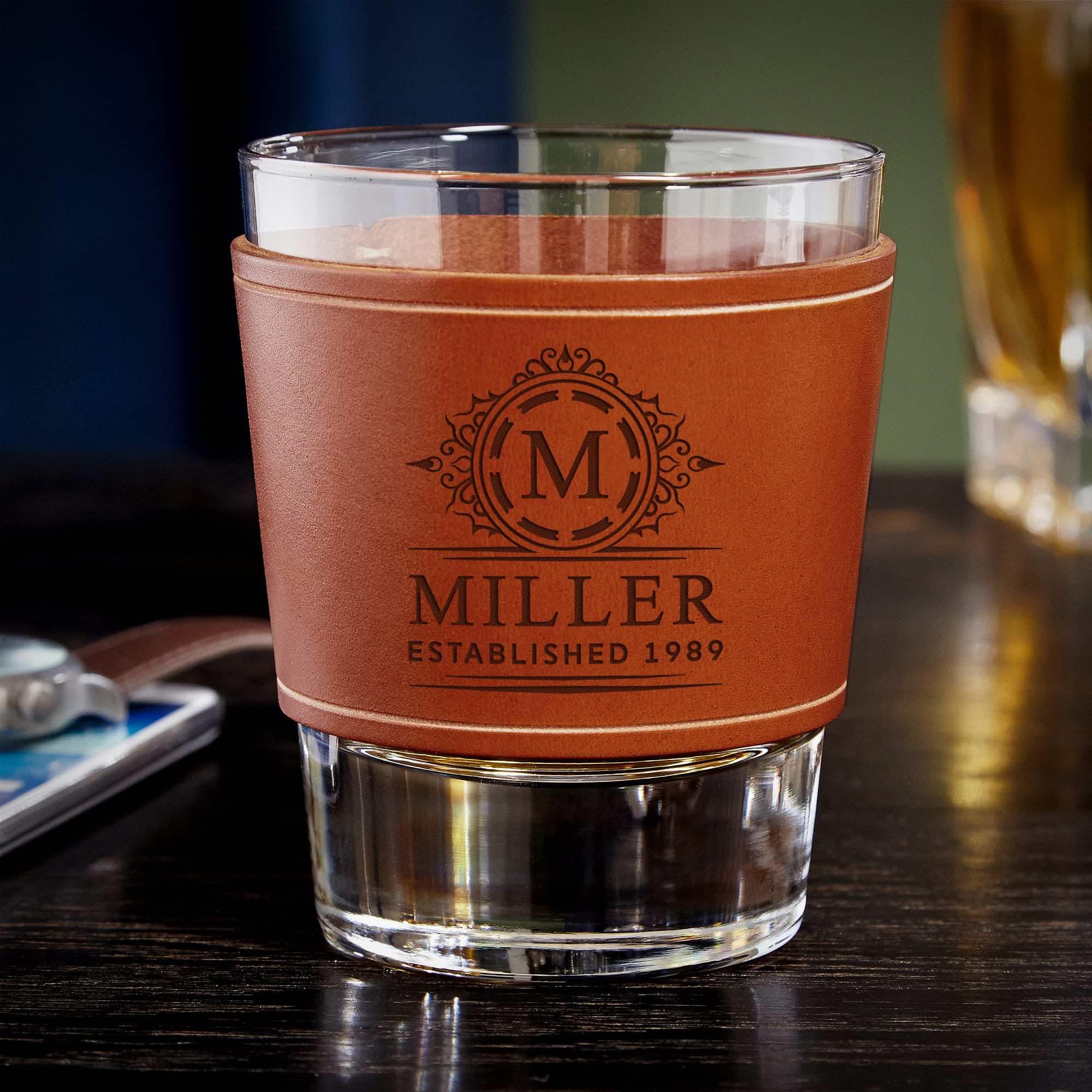 Personalized Whiskey Glass Set - 4PC 12oz Bourbon Glasses with Hand-Stitched Leather Wrap | Custom Engraved Barware for Men, Wedding Gifts & Home Entertaining