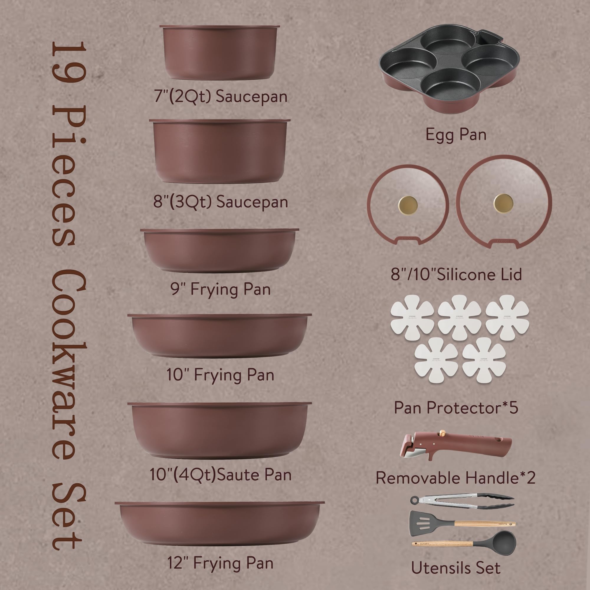 CAROTE 19-Piece Nonstick Cookware Set with Detachable Handles - Induction Compatible Pots and Pans Set for RV, Kitchen & Camping - Gold & Burgundy Color