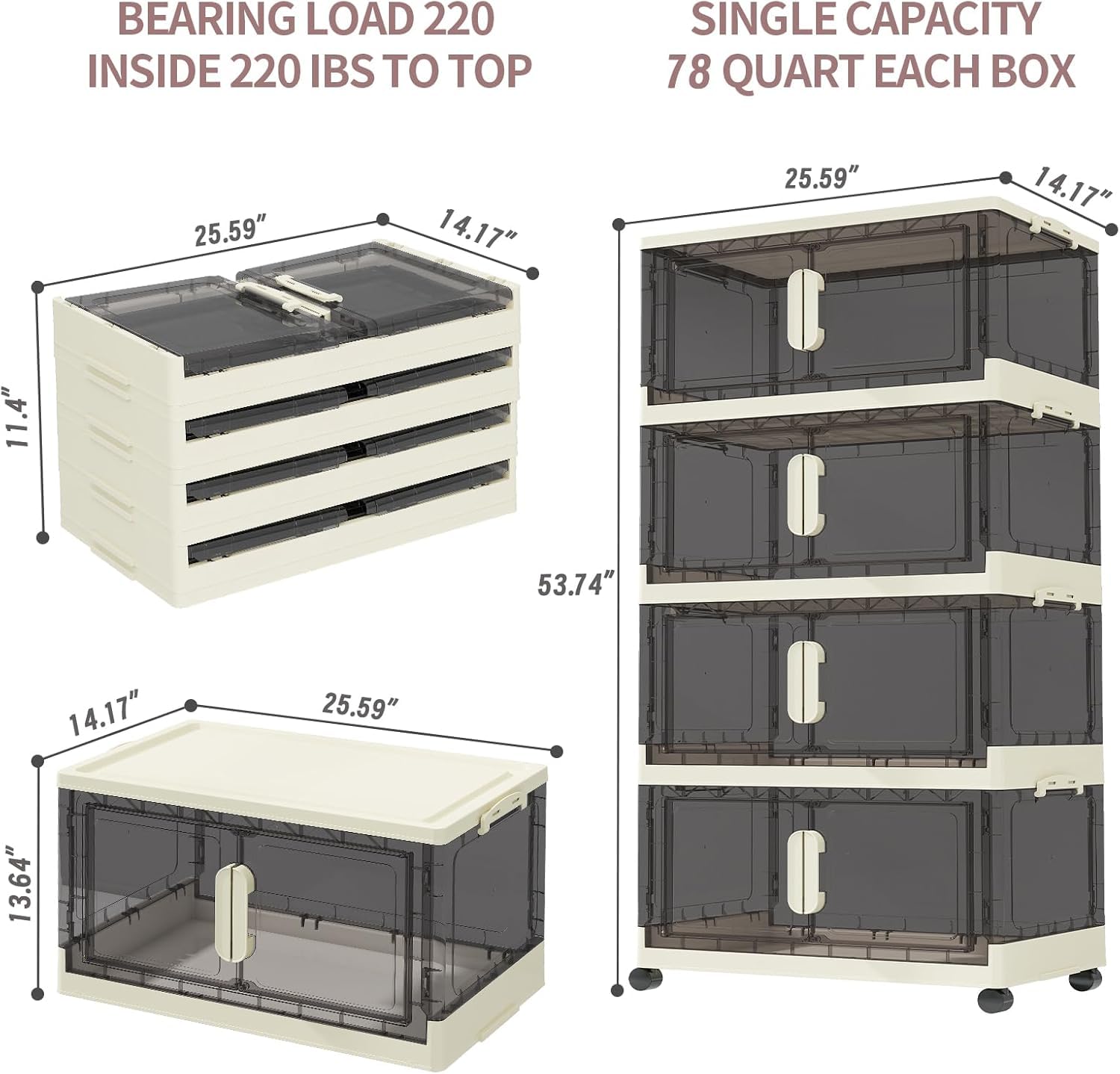 78 Quart Plastic Storage Bins with Lids - 4 Pack Collapsible, Stackable & Wheeled Storage Containers with Door | Perfect for Organizing Toys, Clothes, Home & Closet Storage | Ideal for Garage, Basement & Kids' Room Organization