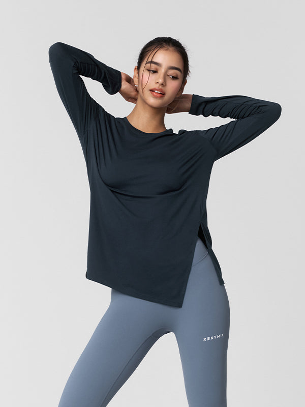 Soft One Slit Long Sleeve T-Shirt for Women - Comfortable Stretch Cotton Blouse with Side Slits - Perfect for Casual Wear, Office Outfits & Date Nights