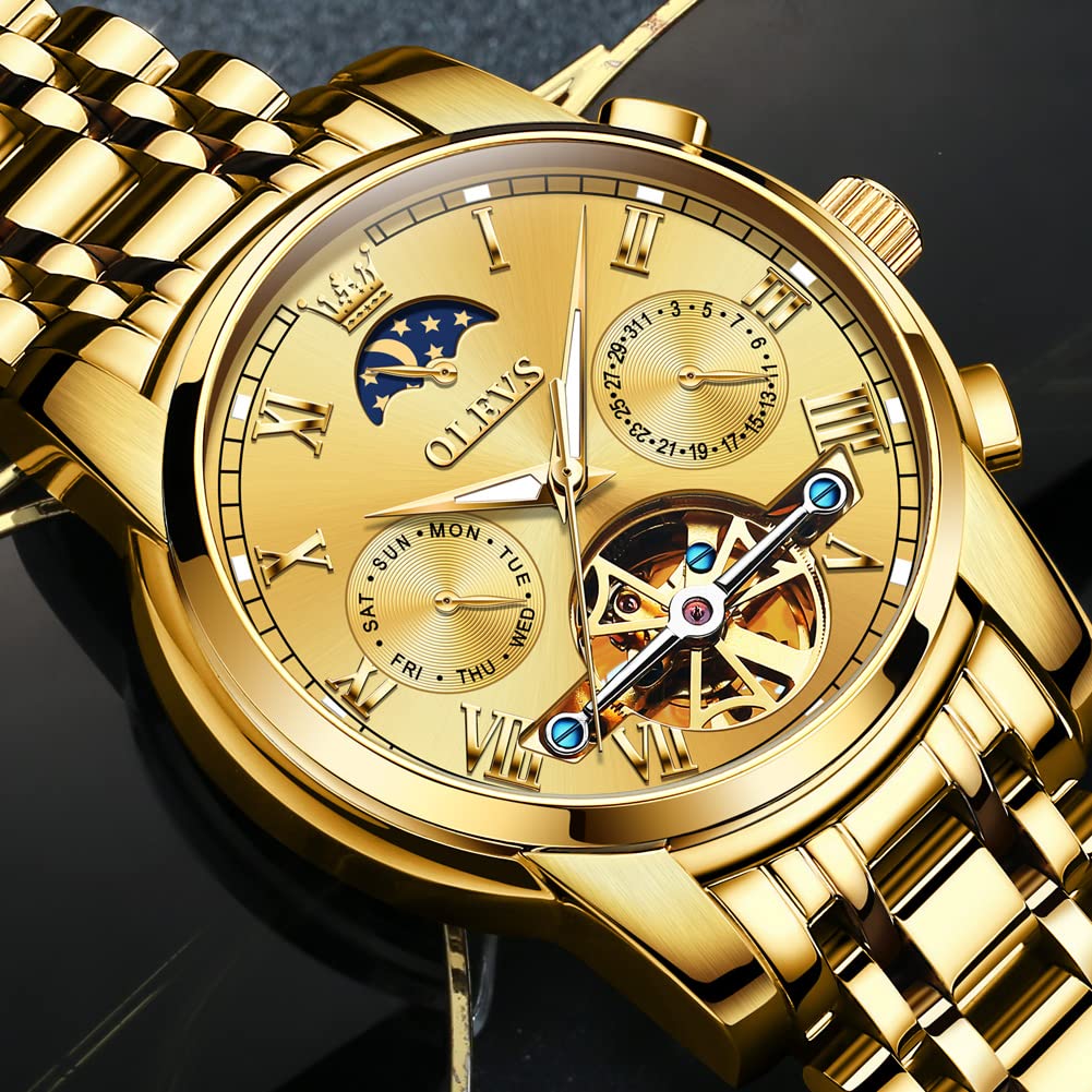 OLEVS Men's Automatic Mechanical Tourbillon Watch - Self-Winding Luxury Stainless Steel Waterproof Wristwatch with Luminous Hands & Date Display | Perfect for Business, Formal Events & Everyday Wear
