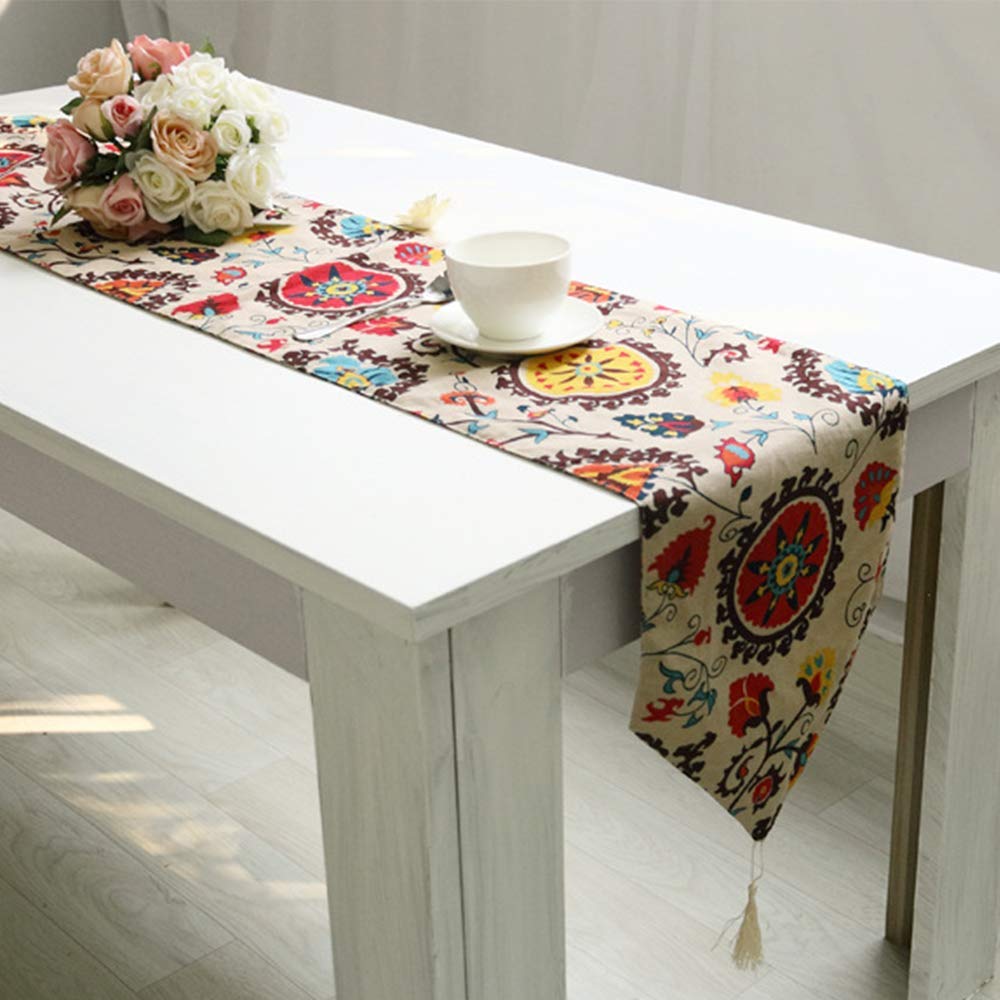 Modern Boho Floral Table Runner 12x54 Inches with Tassels & Matching 24x24 Inch Lace Tablecloth Set - Perfect for Dining Room Decor, Wedding Centerpieces, and Boho Chic Home Styling