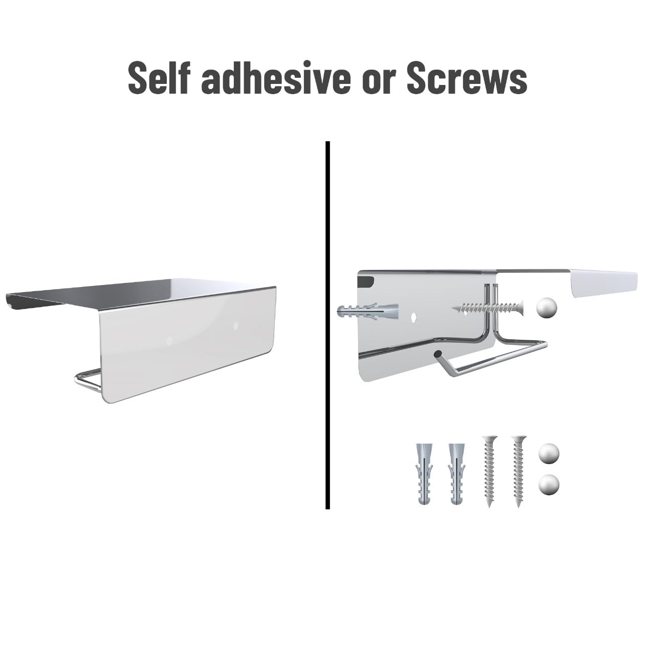 Stainless Steel Toilet Paper Holder with Shelf - Self Adhesive & Wall Mount Bathroom Tissue Roll Holder, Mobile Stand - Nickel Chrome Finish for Modern Bathroom & Powder Room Organization