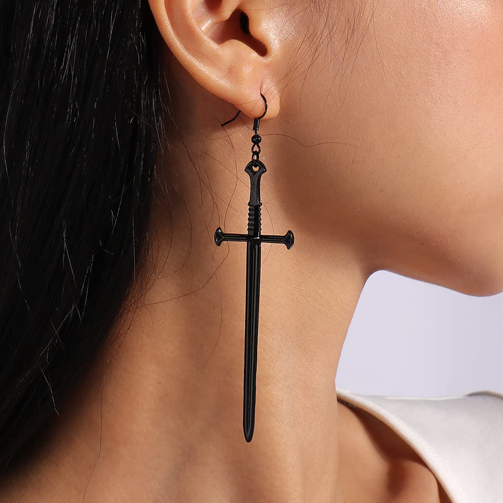 WEENKEEY 2 Pairs Gothic Dagger Sword Earrings - Retro Long Sword Hook Punk Knife Dangle Drop Earrings for Women & Girls (Silver & Black) | Perfect for Halloween, Cosplay, Gothic Fashion and Punk Outfits