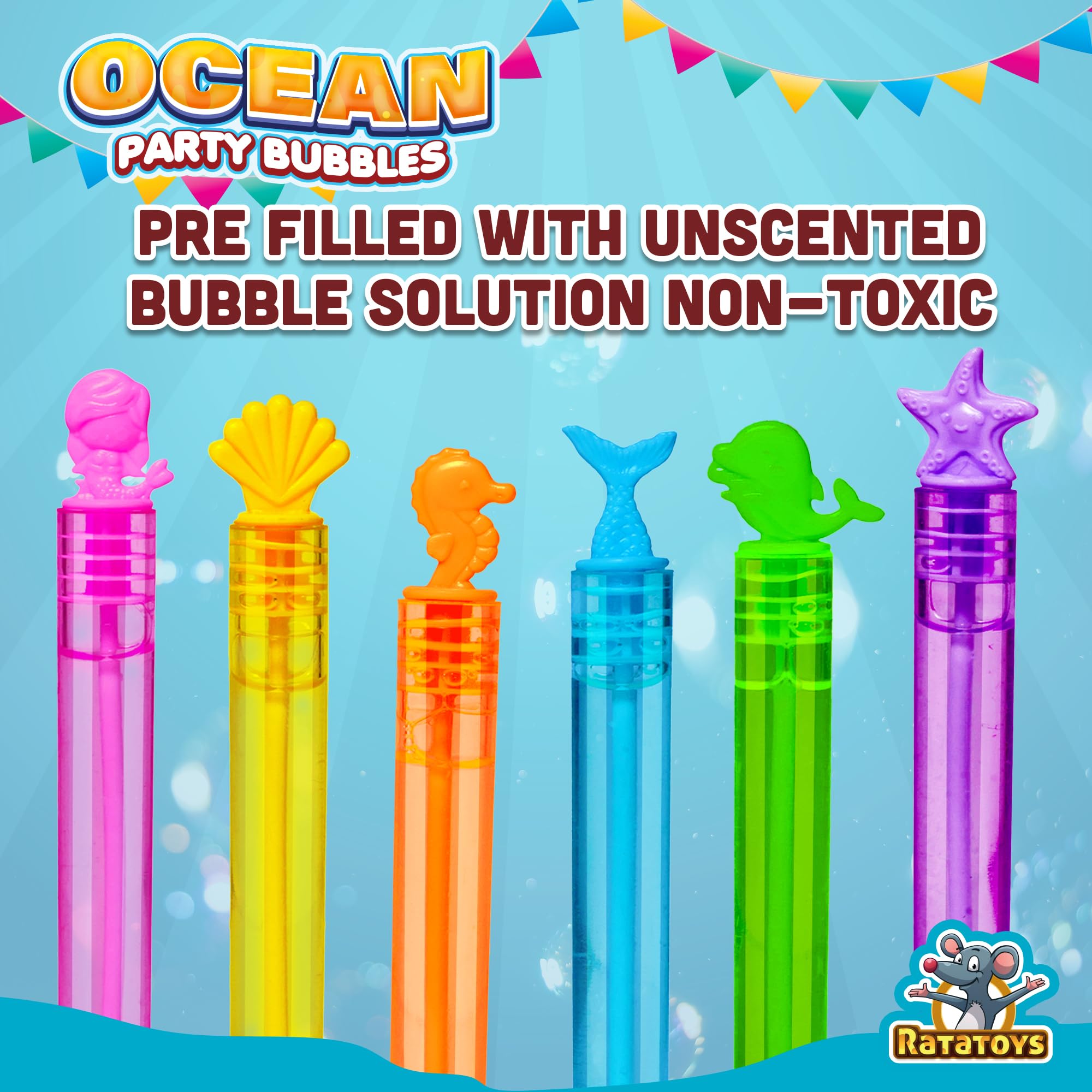 Ocean Party Bubbles for Kids - 36 Pack Sea Life Bubble Wands with Mermaid & Marine Animal Shapes | Non-Toxic Bubble Solution | Perfect for Birthday Parties, Beach Themes & Outdoor Play | Fun Party Favors for Boys & Girls Ages 3+