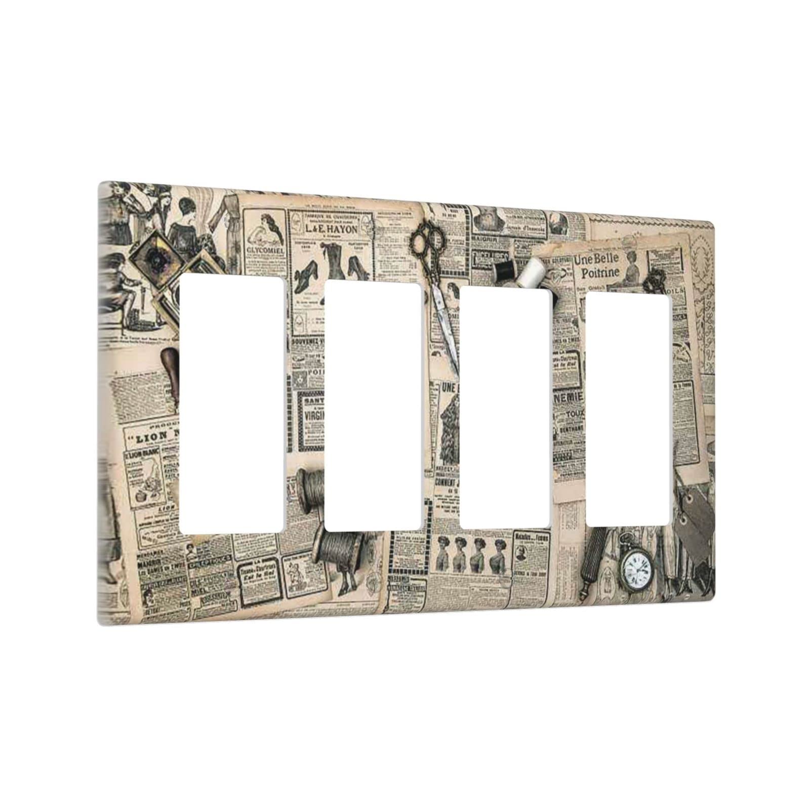 Vintage Newspaper Quad Rocker Light Switch Cover - Decorative 4 Gang Wall Plate Outlet Receptacle for Men's Room & Bedroom Decor - Four Light Switch Design - Perfect for Vintage Themed Home Offices, Man Caves & Industrial Style Interiors