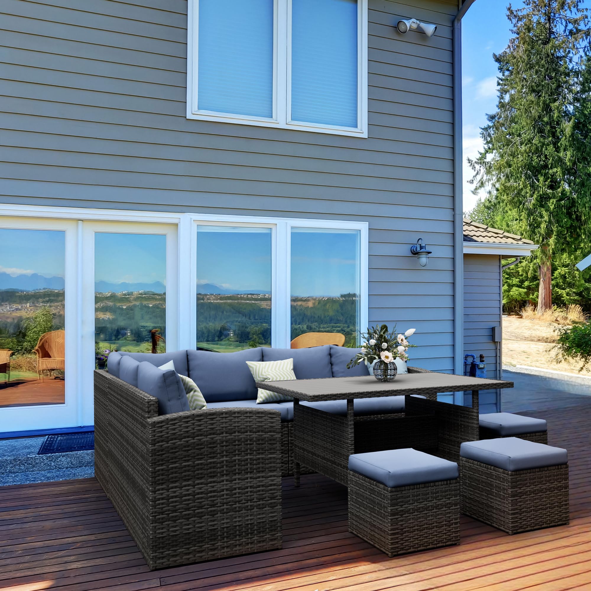 Solaste 7-Piece Outdoor Patio Furniture Set - All-Weather PE Rattan Sectional Sofa with Dining Table & Chairs - Blue - Perfect for Backyard, Garden, Poolside & Patio Relaxation