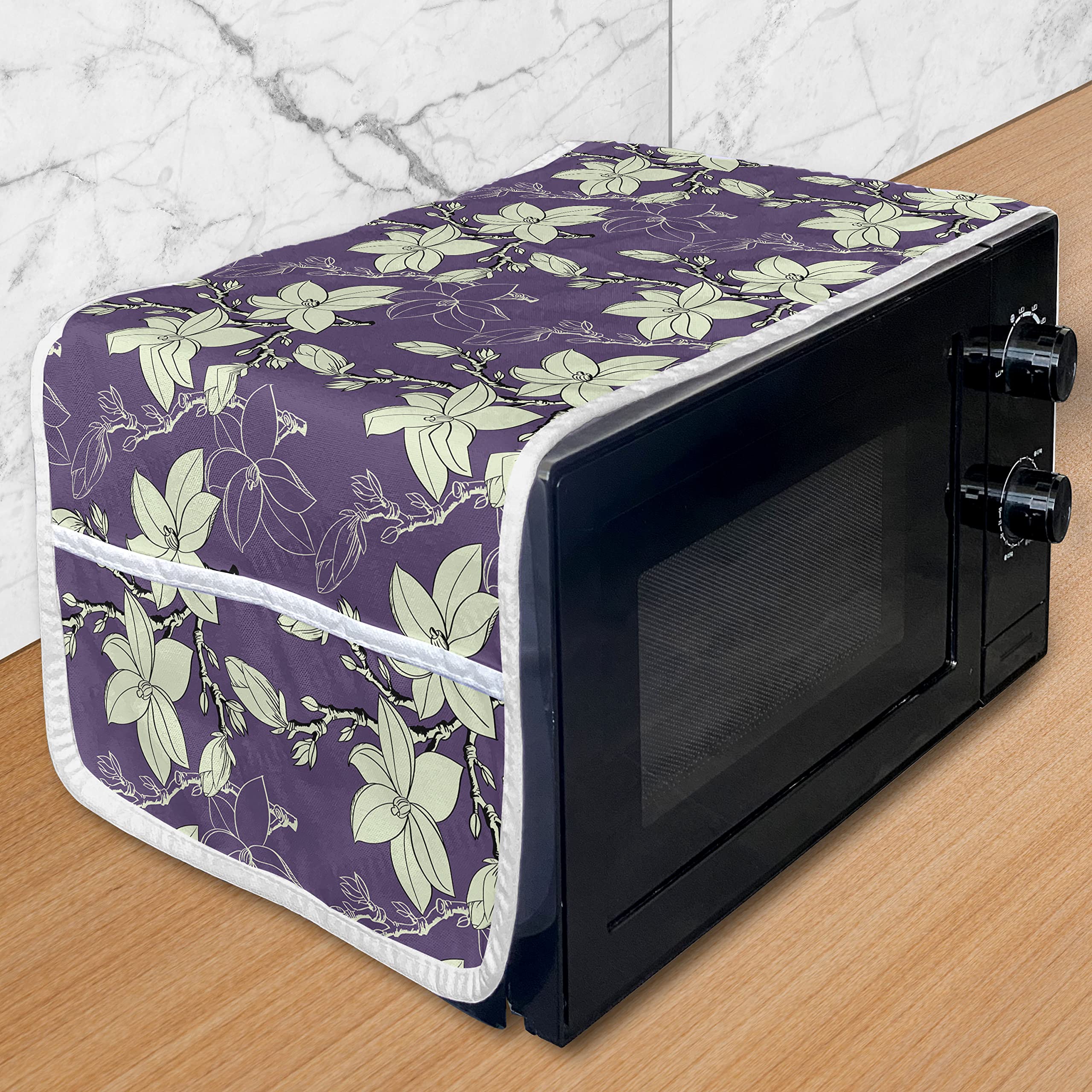 Ambesonne Microwave Cover with Magnolia Floral Design - Waterproof Kitchen Organizer with Pockets, 36x12 Inches, Pale Green & Plum - Perfect for Protecting Appliances & Adding Vintage Decor to Your Kitchen