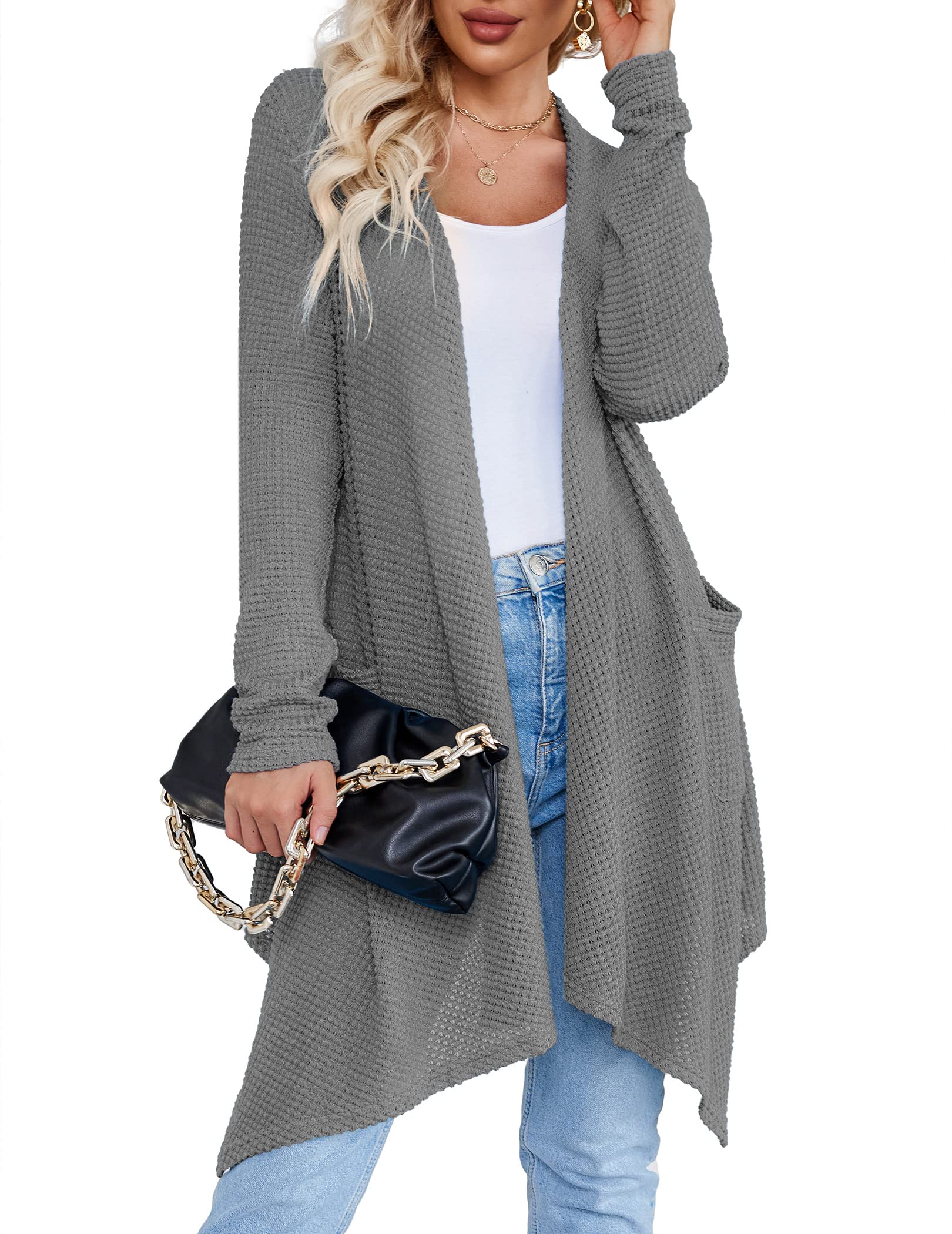 ELESOL Women's Waffle Knit Cardigan - Open Front Long Sleeve Drape Sweater with Pockets | Cozy Knitted Outwear for Fall & Winter | Perfect for Office, Casual Wear & Layering