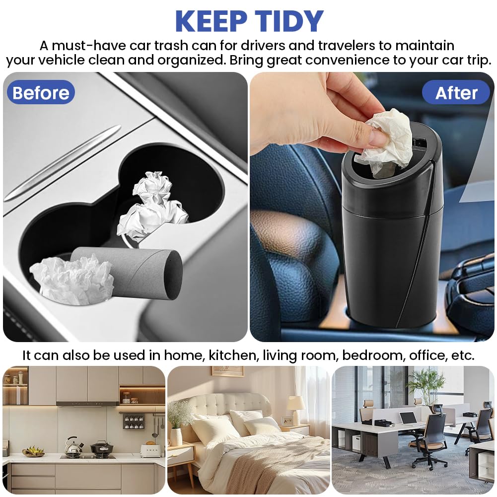 2 Pack Car Trash Can with Lid - Leakproof Mini Vehicle Garbage Bin for Cup Holder | Includes 60 Trash Bags | Car Organizer for Front & Back Seats (Black) | Perfect for Road Trips, Commuting & Family Travel