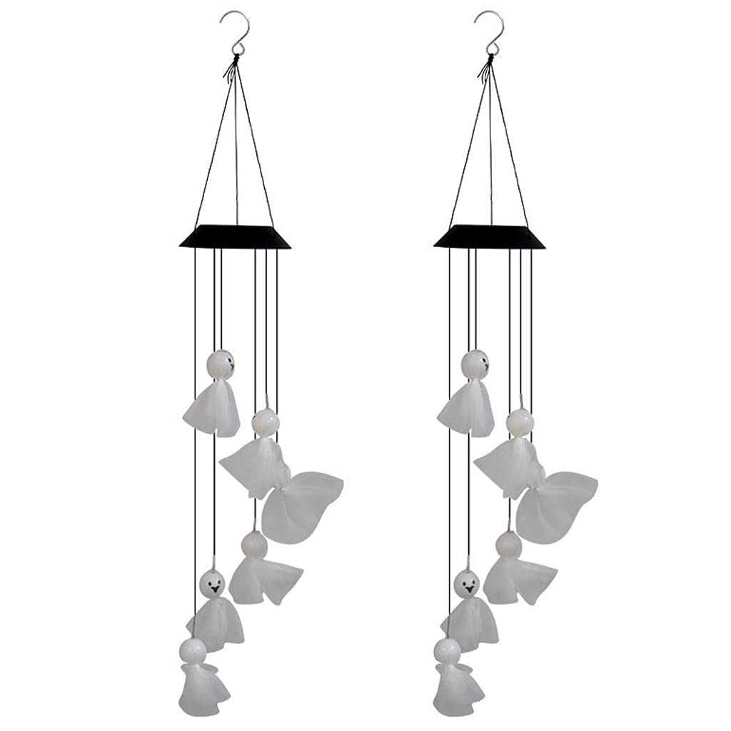 Solar Halloween Pumpkin Wind Chime - Outdoor/Indoor Decorative LED Lights with 6 Pumpkin Ornaments, Ghost Design for Garden, Patio, Yard, and Holiday Decor (Pair)