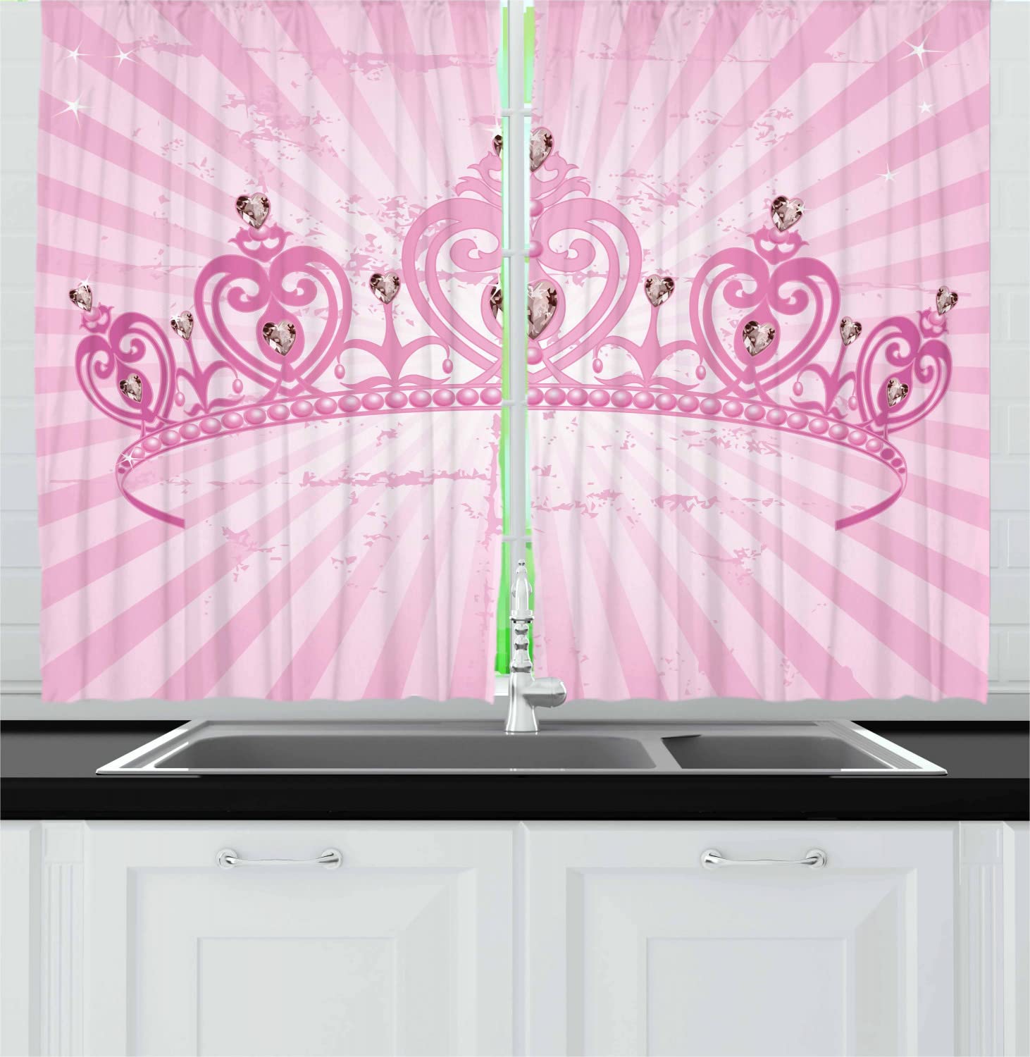 Ambesonne Queen Size Kitchen Curtains - Pink Heart Crown Design, Romantic Childhood Theme, 2 Panels with Rod Pocket, 55