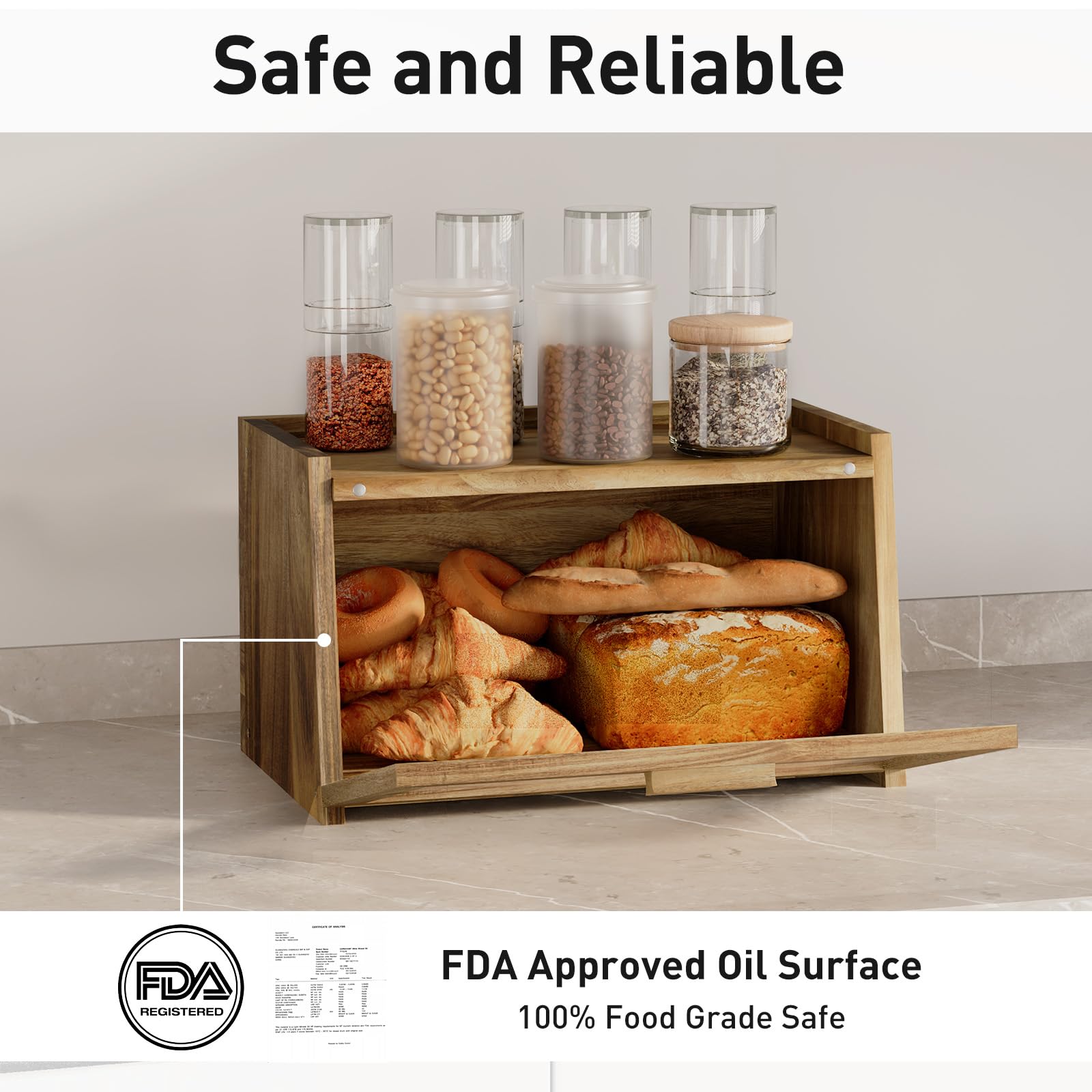 Premium Acacia Wood Bread Box with Clear Window & Air Vent - Large Kitchen Countertop Bread Storage Container, Anti-Falling Design for Fresh Bread & Pastries | Perfect for Home, Bakery & Restaurant Use