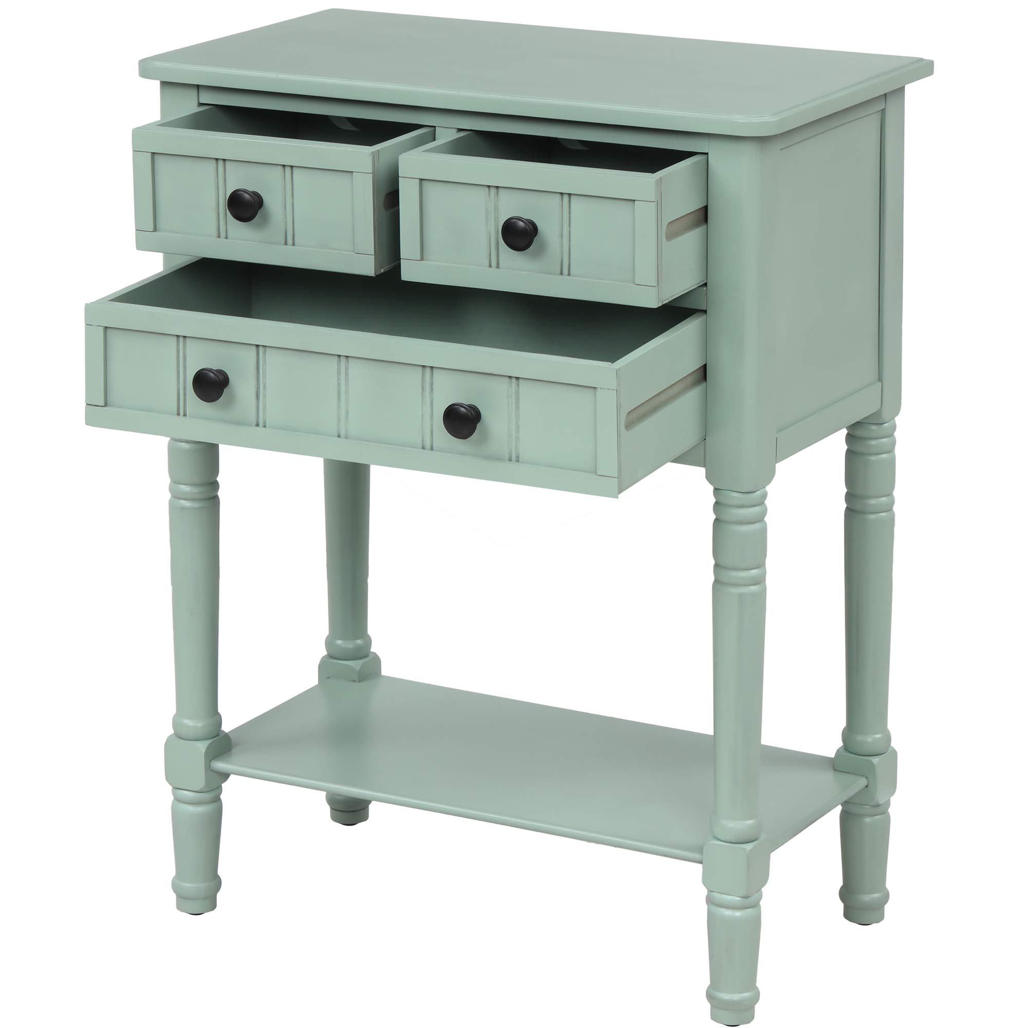 P PURLOVE Retro Blue Wooden Sofa Table with 3 Drawers & Bottom Shelf - Entryway Console Table with Storage for Living Room, Hallway - Easy Assembly Home Furniture (Perfect for Small Spaces, Apartments & Decorating Narrow Areas)