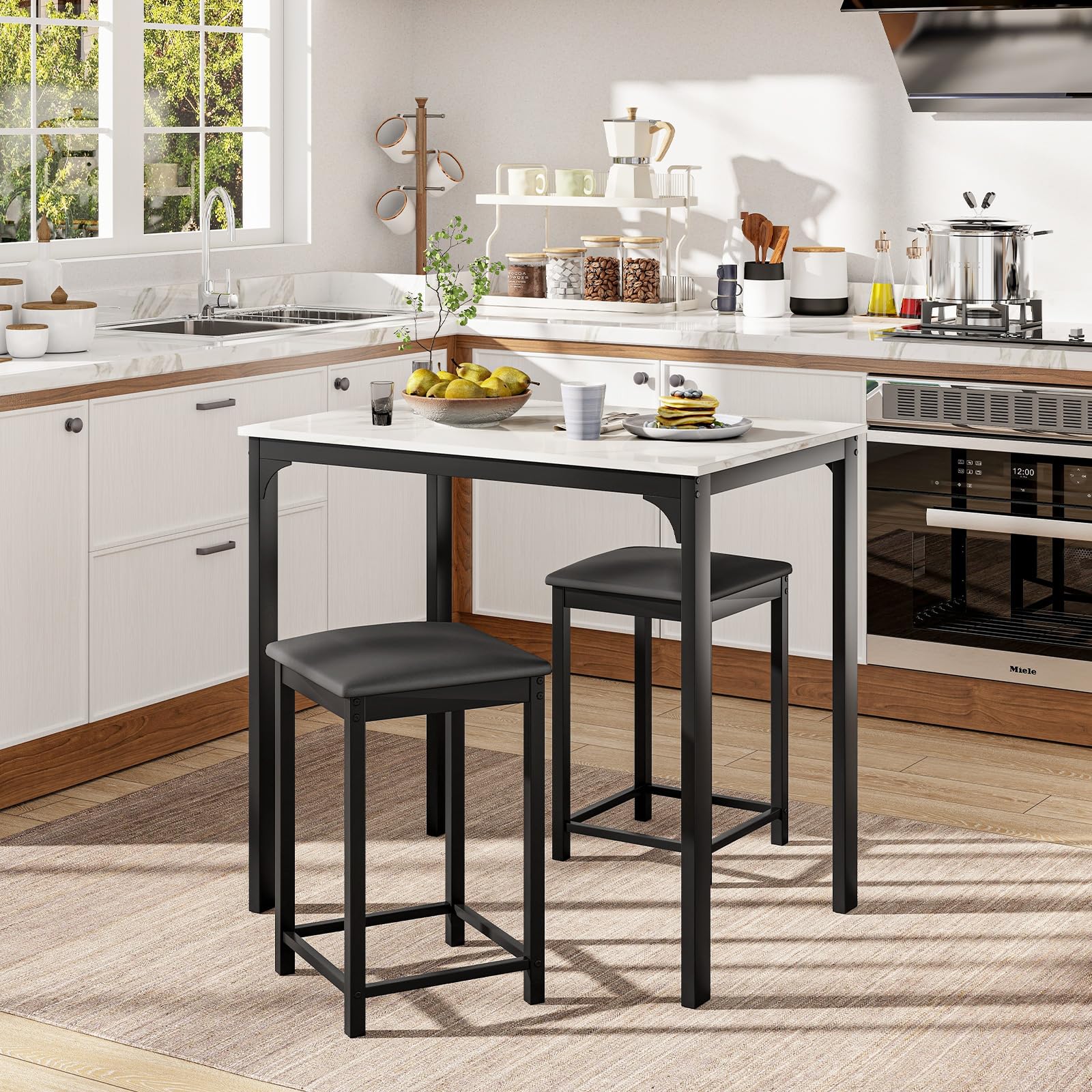 Giantex 3-Piece Modern Dining Set with Faux Marble Tabletop & 2 Chairs - White & Black Contemporary Kitchen Table for Home, Hotel, Restaurant, Bar or Office Dining Area | Perfect for Small Spaces, Breakfast Nooks & Entertaining Guests