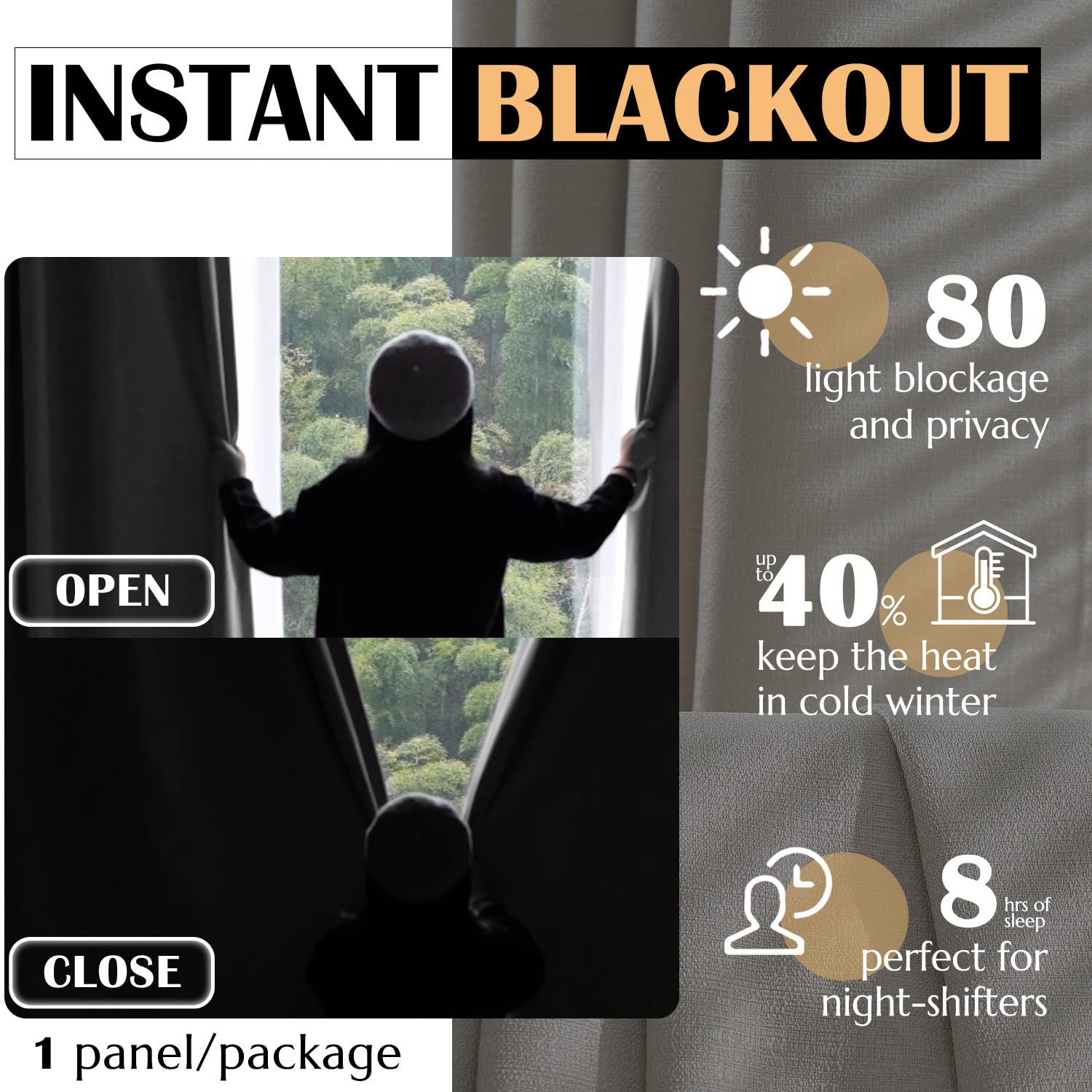 Jinchan 100% Blackout Curtains - 63 Inch Thermal Insulated Grommet Curtain Panel in Beige for Bedroom & Living Room | Light Blocking, Energy Saving & Noise Reducing Window Treatments for Better Sleep & Privacy