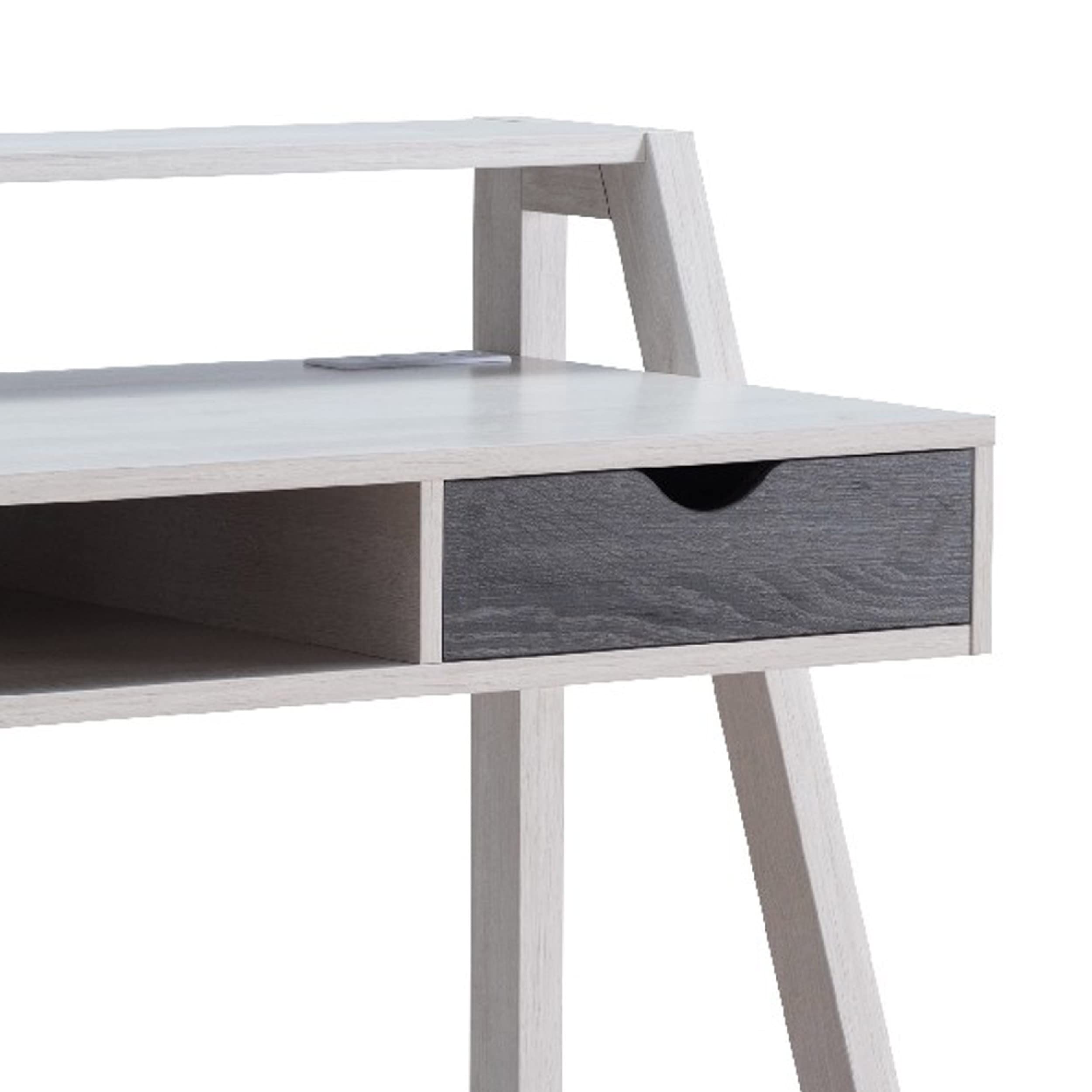 Benjara 36 Inch White Ethan Writing Desk with 1 Drawer, Raised Shelf & Angled Frame - Perfect for Home Office, Study Room or Small Space Workstation