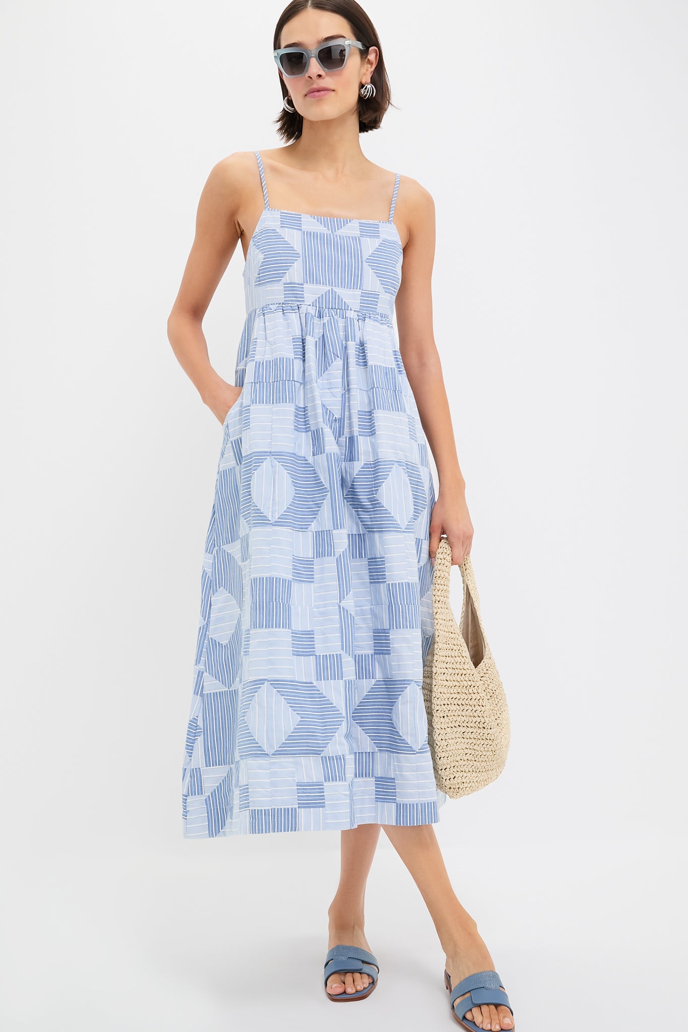 Blue Helmi Striped Shirting Midi Dress for Women - Casual Summer Flowy Dress for Beach, Brunch & Date Night