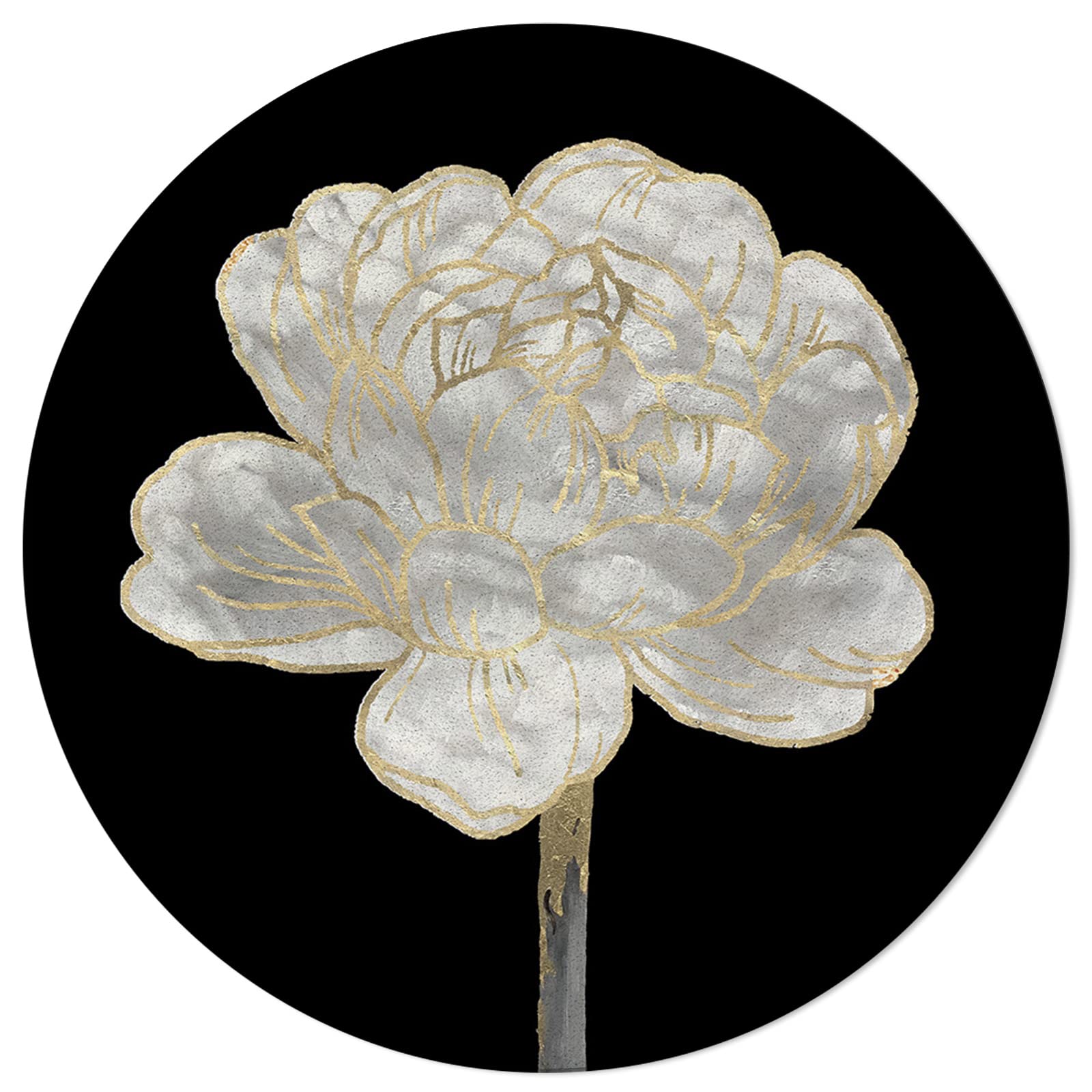 Abstract White Floral Washable Area Rug - 6FT Round Indoor/Outdoor Carpet for Bedroom, Living Room, Kids & Teens | Spring Botanical Flower Design with Gold Line & Black Accents | Perfect for Home Decor, Dorm Room, Nursery & Patio Floor Mat