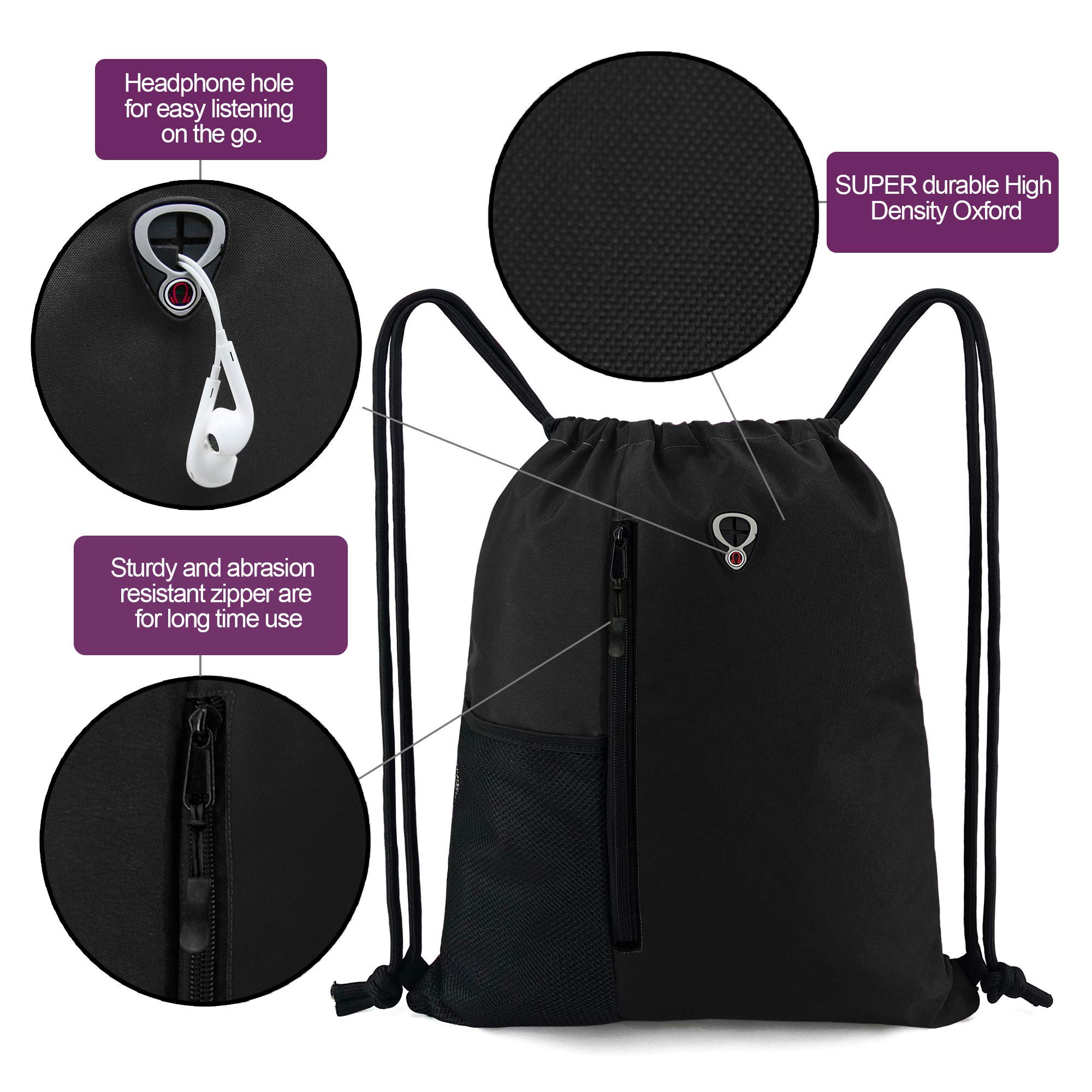 Large Drawstring Gym Backpack for Women - Sports & Workout Bag - Black