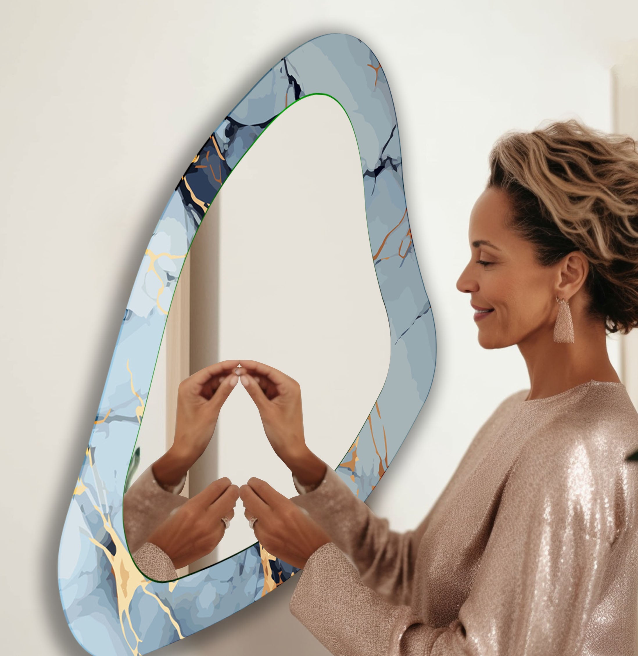 Blue Marble Decorative Glass Wall Mirror - Elegant Round Bathroom Vanity Mirror for Bedroom & Living Room Decor