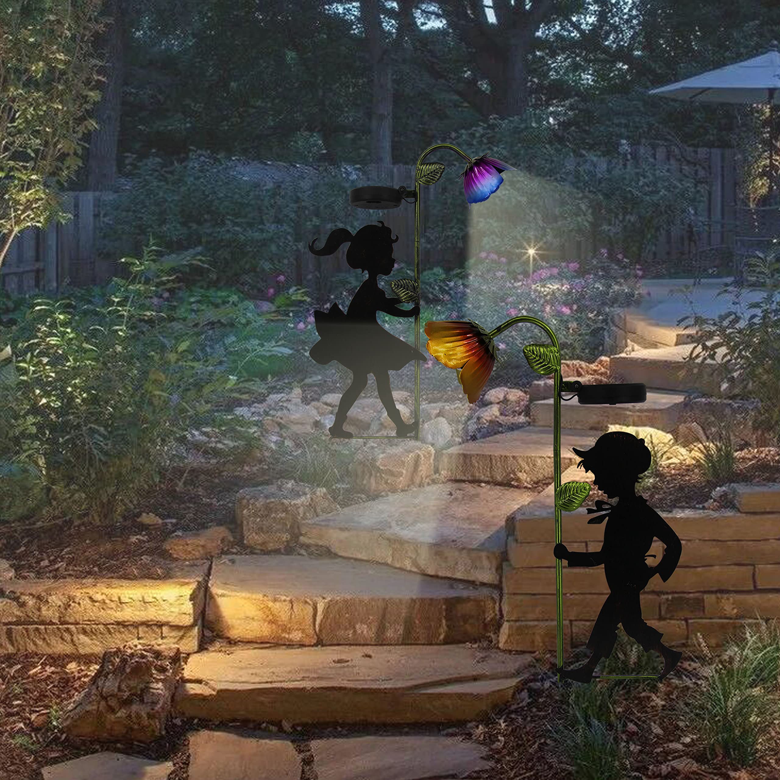 Solar Powered Garden Lights 2 Pack - LED Landscape Lighting with Boy & Girl Silhouettes, Metal Outdoor Decor for Garden, Yard, Pathway, Patio & Driveway | Perfect for Romantic Backyard Ambiance, Wedding Decorations & Holiday Lighting