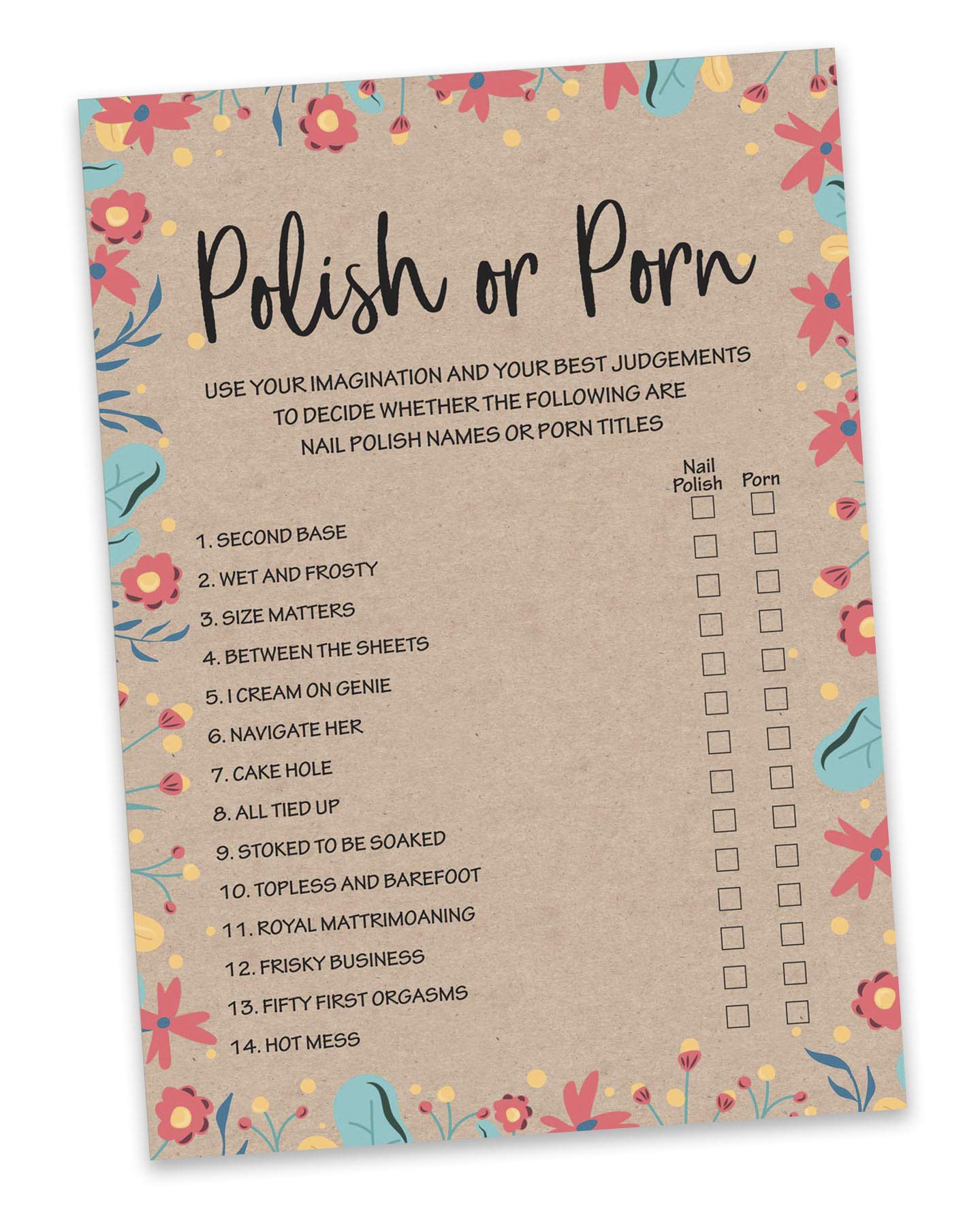50-Pack Rustic Kraft Floral Bachelorette Party Cards - Bridal Shower Games, Polish or Porn Game Set for Wedding Celebrations & Girls' Night Activities