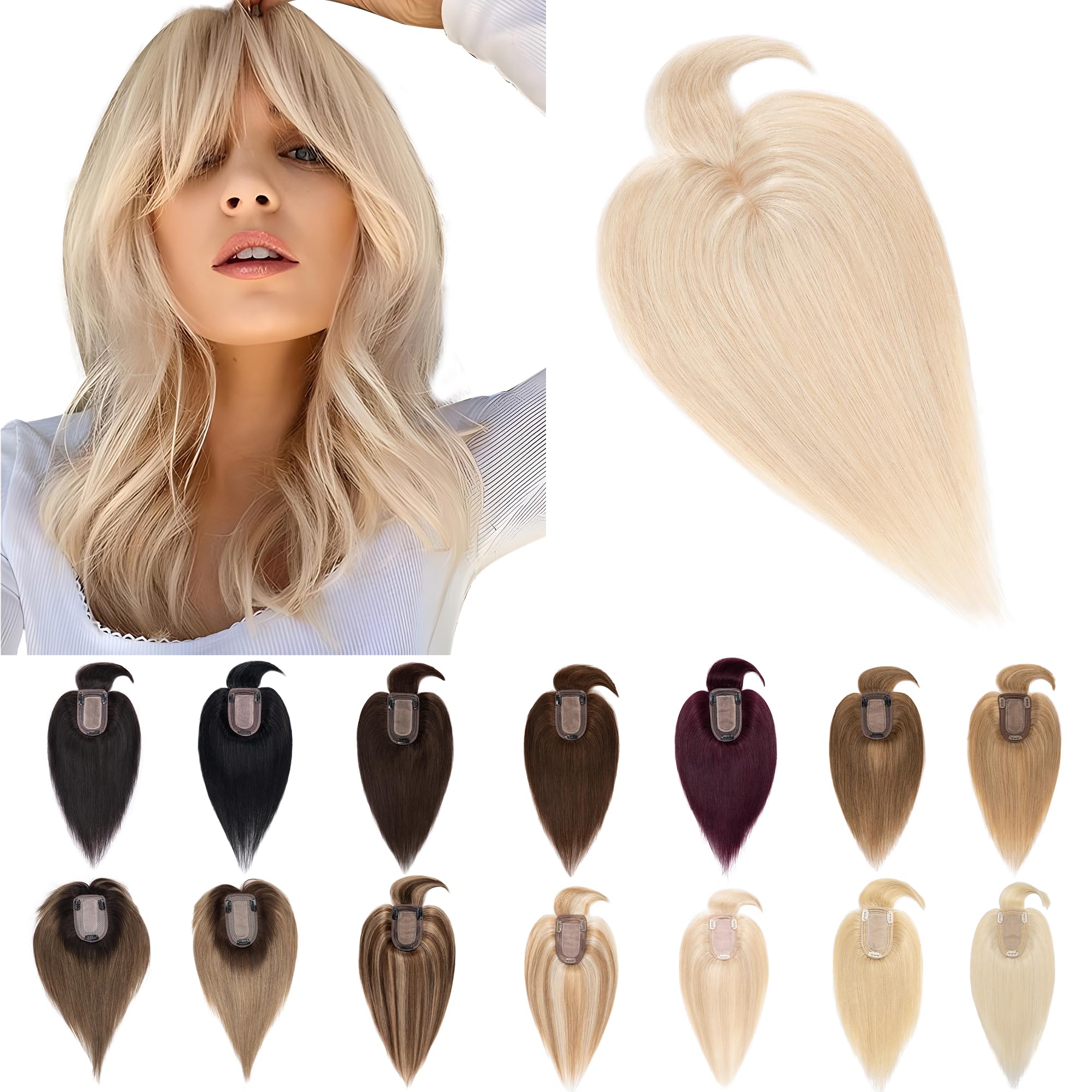 SEGO 7x13cm Silk Base Human Hair Toppers for Women with Bangs - 100% Remy Clip-in Top Wiglet for Thinning Hair (16 Inch, Ash Blonde & Bleach Blonde) | Perfect for Daily Wear, Parties & Special Occasions