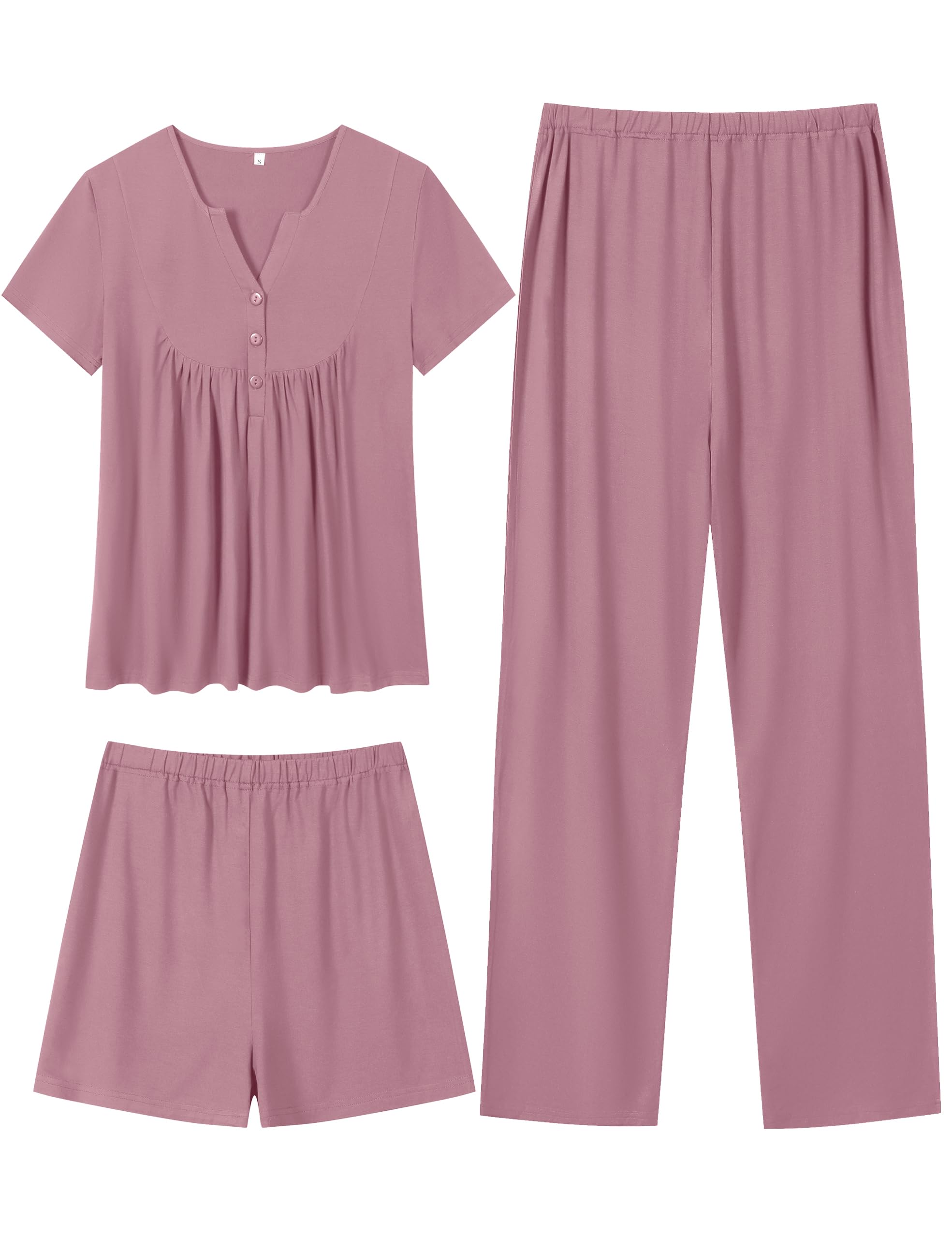 SWOMOG Women's Maternity Nursing Pajama Set - 3 Piece Breastfeeding Sleepwear with Short Sleeve Top & Pants - Soft Pregnancy PJs for Comfortable Nightwear, Nursing, and Postpartum Care - Perfect for Hospital Stay, Breastfeeding at Home, and Relaxing Maternity Wear