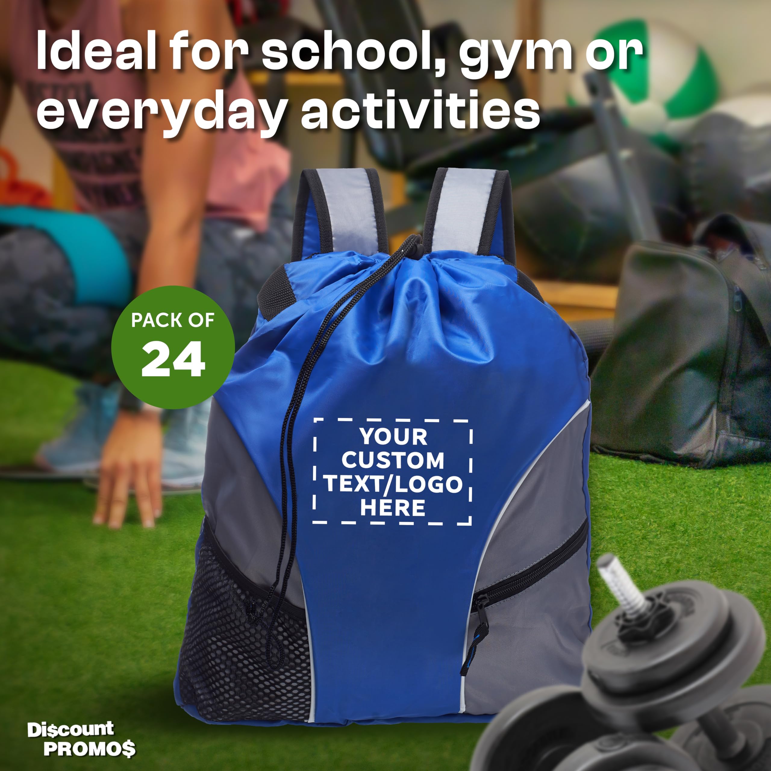 Custom Sporter Drawstring Backpacks - Set of 24 Bulk Pack | Personalized Cinch Bags, Gym & Travel Backpacks | Lightweight Unisex Backpack in Blue | Perfect for Sports, School, Travel & Outdoor Activities