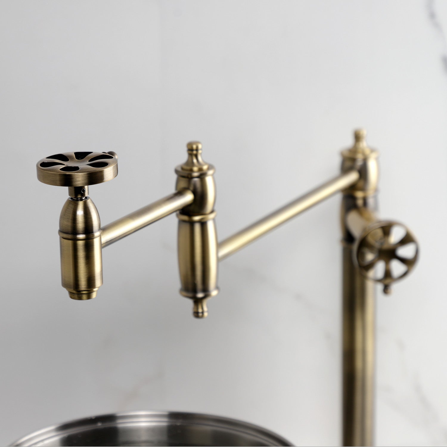 Belknap KS3703RX Two Handle Deck Mount Pot Filler Faucet in Antique Brass - Perfect for Kitchen Sink, Stove & Cooking Area