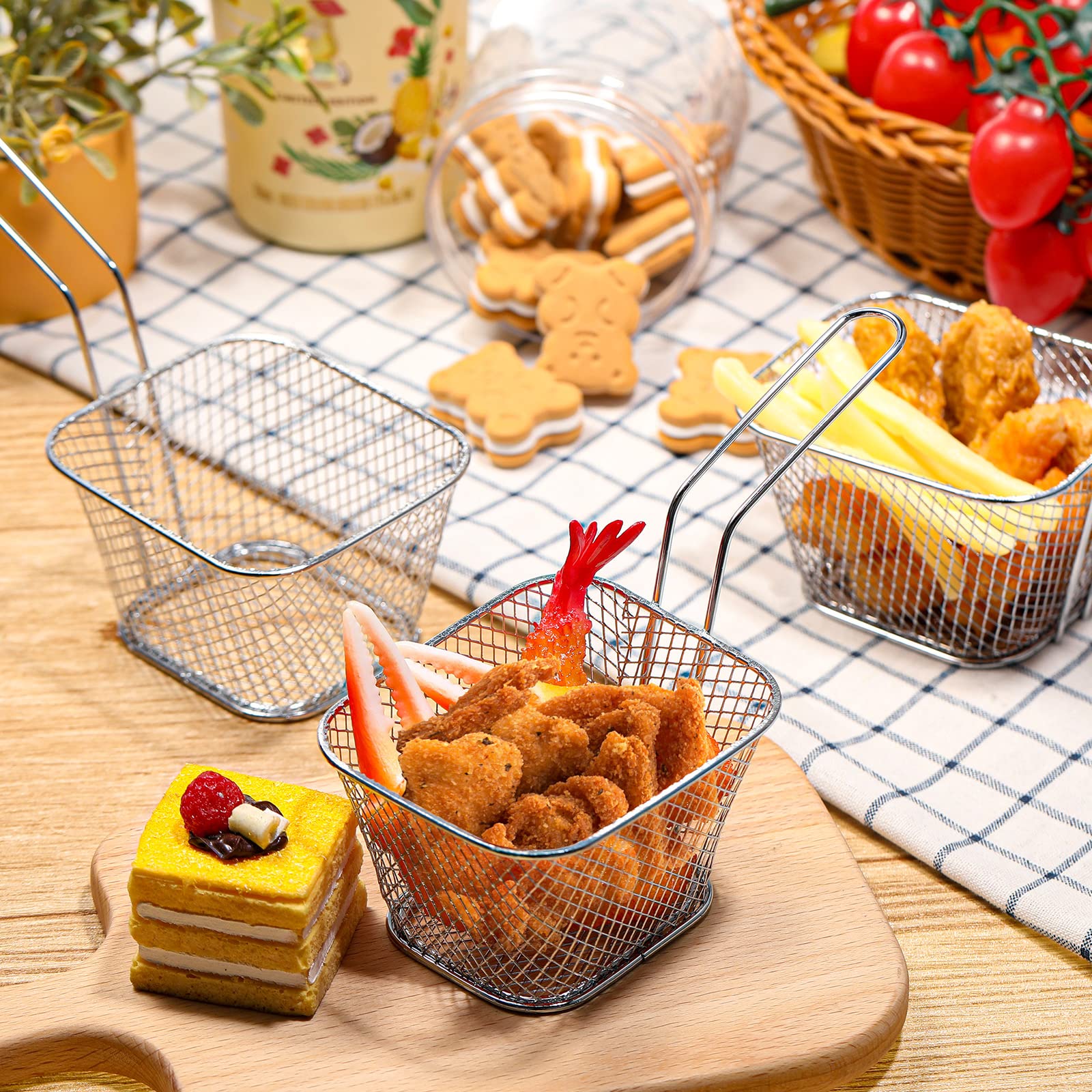 12 Pack Mini Square Fry Baskets - Stainless Steel French Fry Holders for Deep Frying, Food Serving & Kitchen Decor | Reusable Small Fryer Containers with Handle for Home & Commercial Use (Silver)