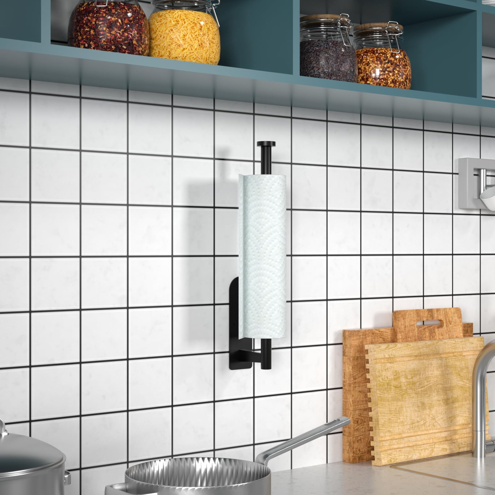 Stainless Steel Paper Towel Holder - Self Adhesive or Screw Mount Wall Mount Under Cabinet - SUS304 Kitchen Countertop Bathroom Organizer - Durable & Space Saving (Dark Black) - Perfect for Kitchen, Bathroom, Office & RV Use