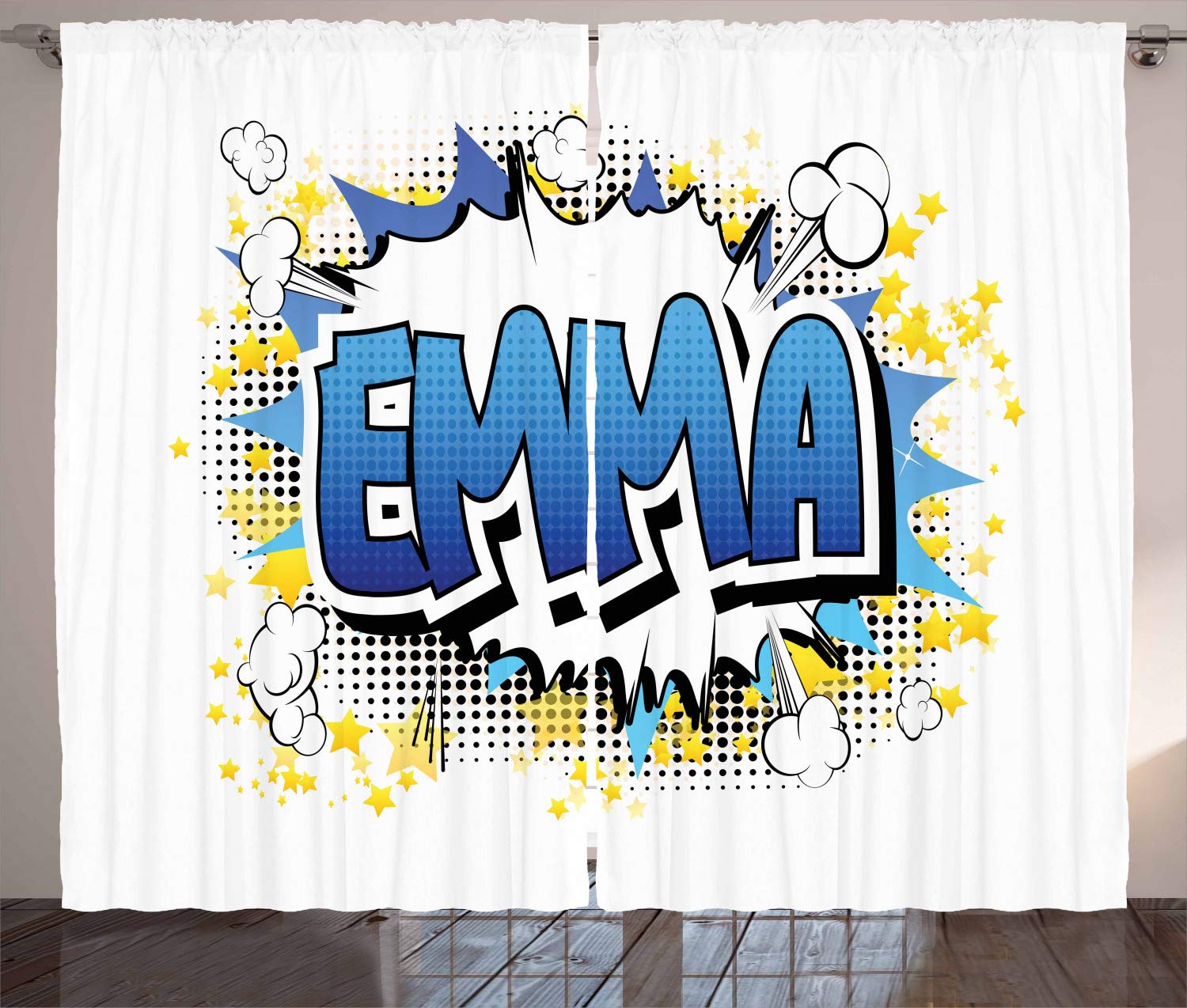 Ambesonne Emma Curtains for Teen Girls - Cartoon Stars & Burst Design, Blue Yellow Black Window Drapes, 2 Panel Set 108