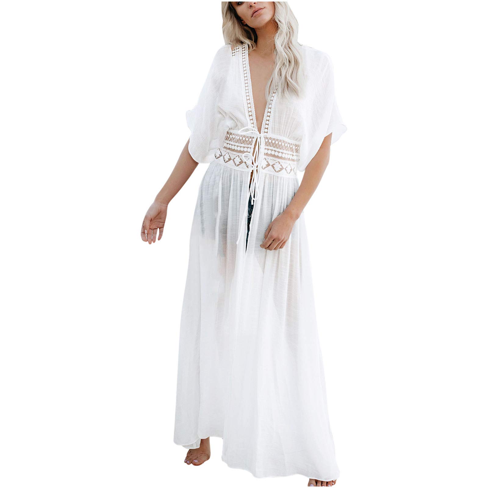Boho Beach Dress & Bikini Cover Up - Women's Floral Print Cardigan Swimsuit Cover-Up, Lightweight Summer Shawl & Tops for Beach, Pool, Vacation & Outdoor Fashion - White