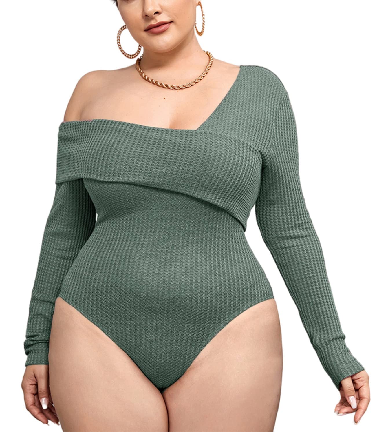 Plus Size Women's Waffle Knit Long Sleeve Bodysuit with Asymmetrical Neck - Comfortable Stretchy Jumpsuit for Casual Wear, Date Night & Layering