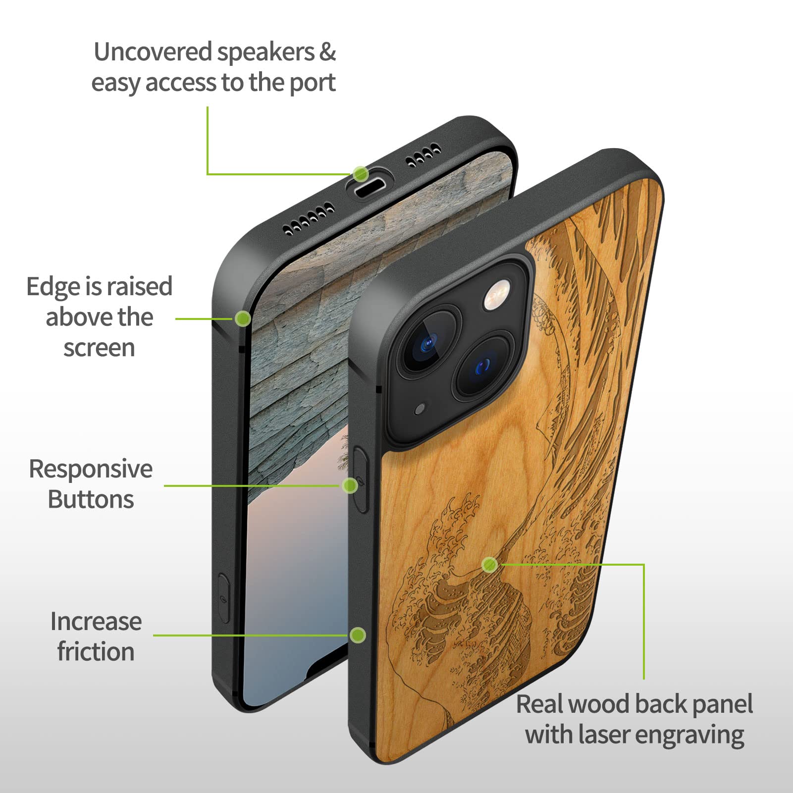 Carveit Magnetic Wooden Case for iPhone 13 Mini - Natural Cherry Wood & Soft TPU Shockproof Protective Cover - MagSafe Compatible - The Great Wave Off Kanagawa Design - Perfect for Outdoor Adventures & Business Meetings