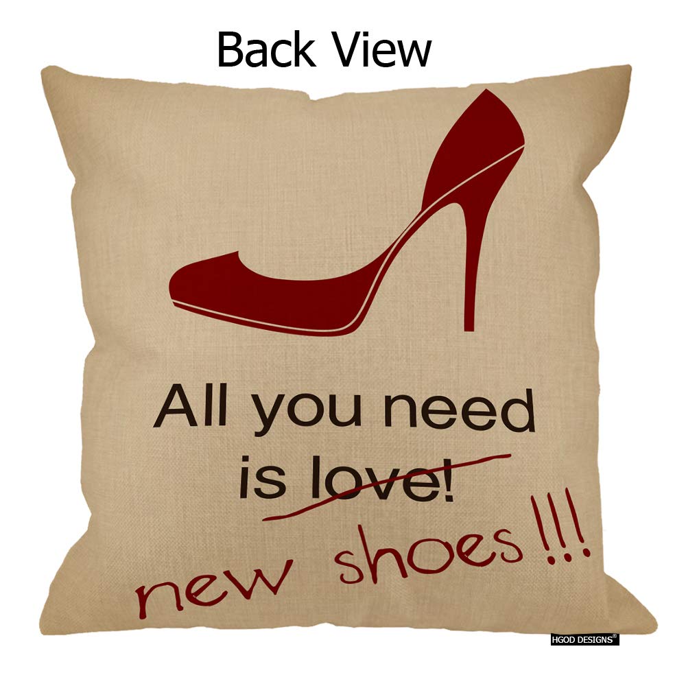HGOD DESIGNS Funny Women Love Shoes High Heel Throw Pillow Cover - 16x16 Inch Cotton Linen Polyester Decorative Cushion for Sofa, Couch, Chair & Bedroom Decor - Perfect Gift for Shoe Lovers & Home Styling
