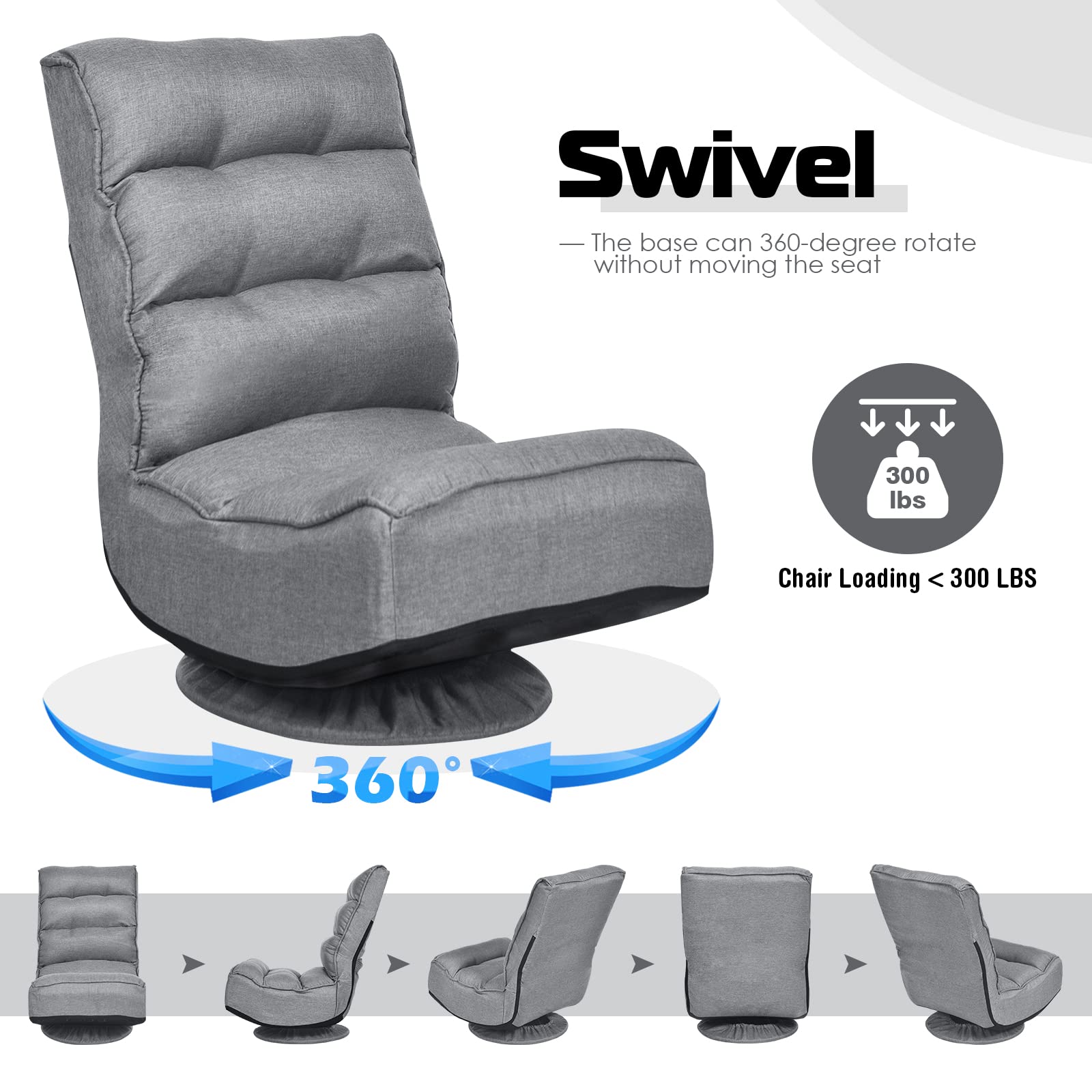 COSTWAY Adjustable 5-Position Folding Floor Chair with 360° Swivel - Ergonomic Gaming & Lounge Chair with Removable Cover & Padded Backrest - Perfect for Living Room, TV Watching, Reading & Video Games (Grey)
