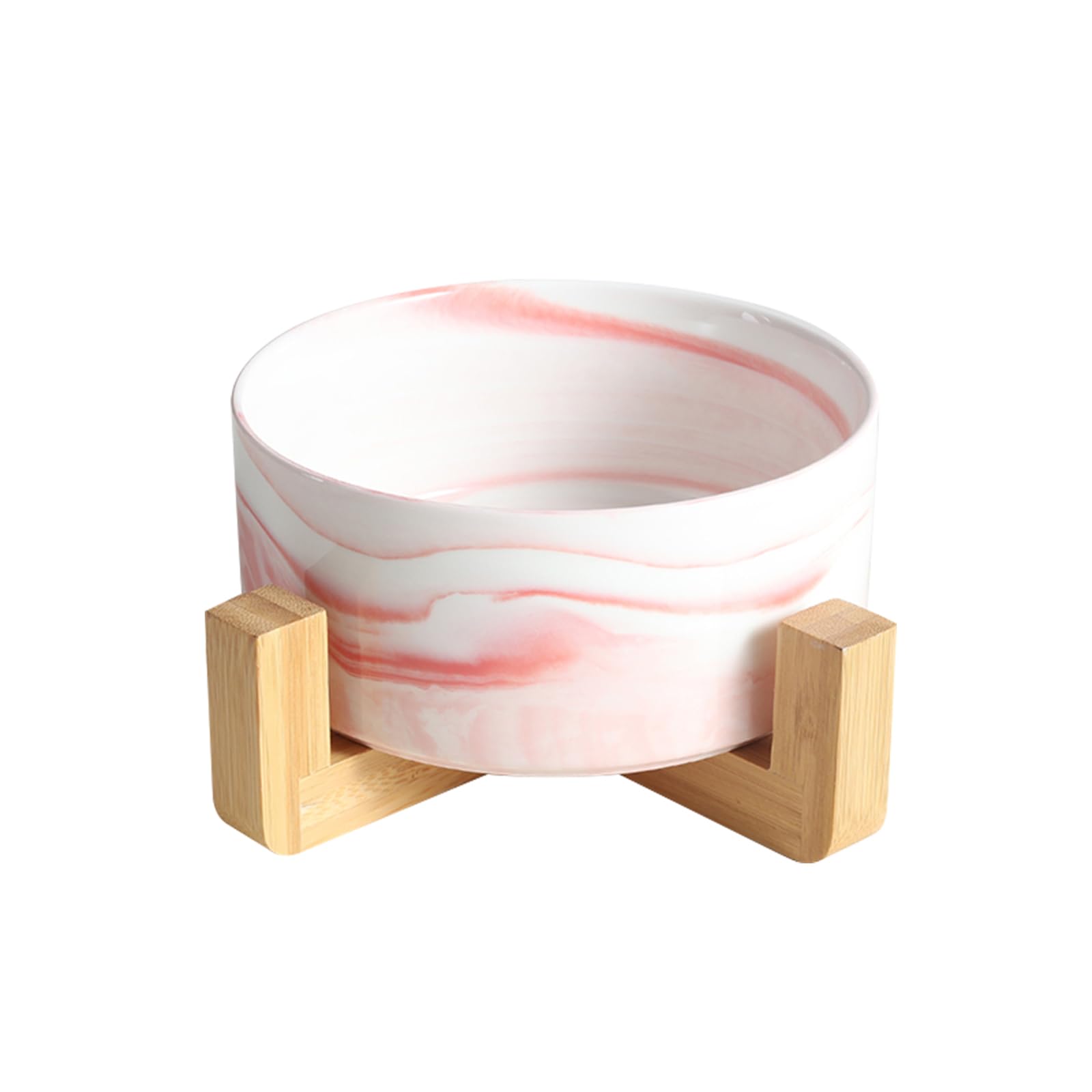 Ceramic Elevated Dog & Cat Bowl Set with Wood Stand - 28oz Durable Pet Food & Water Dish - Modern Weighted Design in Marble Pink for Small to Medium Pets - Perfect for Dining, Kitchen, or Living Room Use