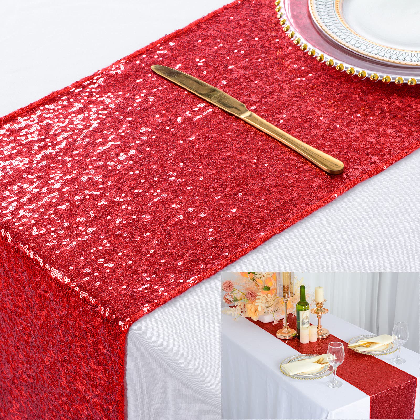 ShinyBeauty 12x108-Inch Red Sequin Table Runner for Weddings, Parties, and Holiday Decor - Elegant Glitter Table Cover for Dining, Buffet, and Event Tables (1PC, 12