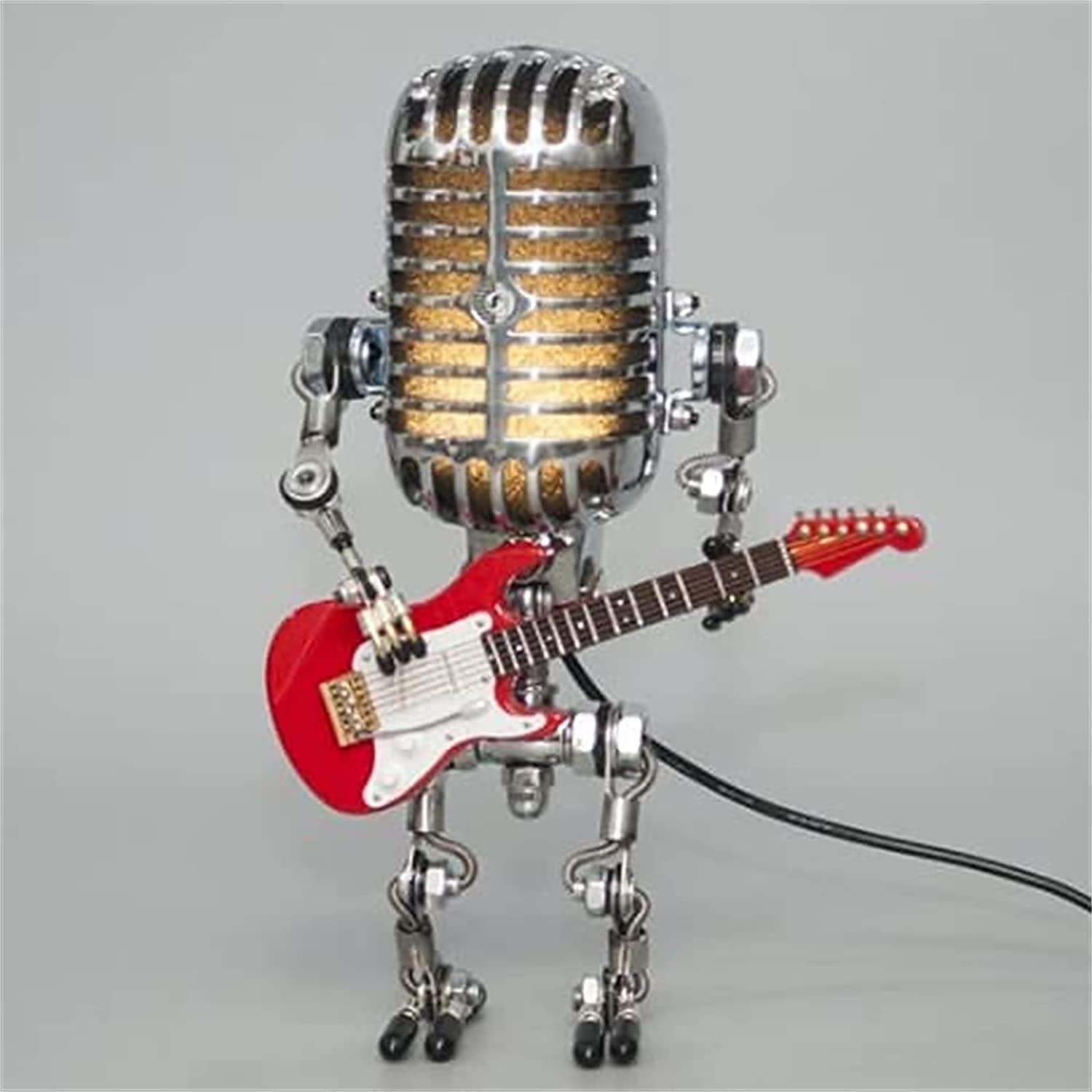 Vintage Robot Lamp with Microphone & Guitar - Retro LED Desk Light for Bedroom, Nightstand, Bar, or Restaurant Decor - Cool Home Office Lighting & Unique Gift Idea for Music Lovers (Red)