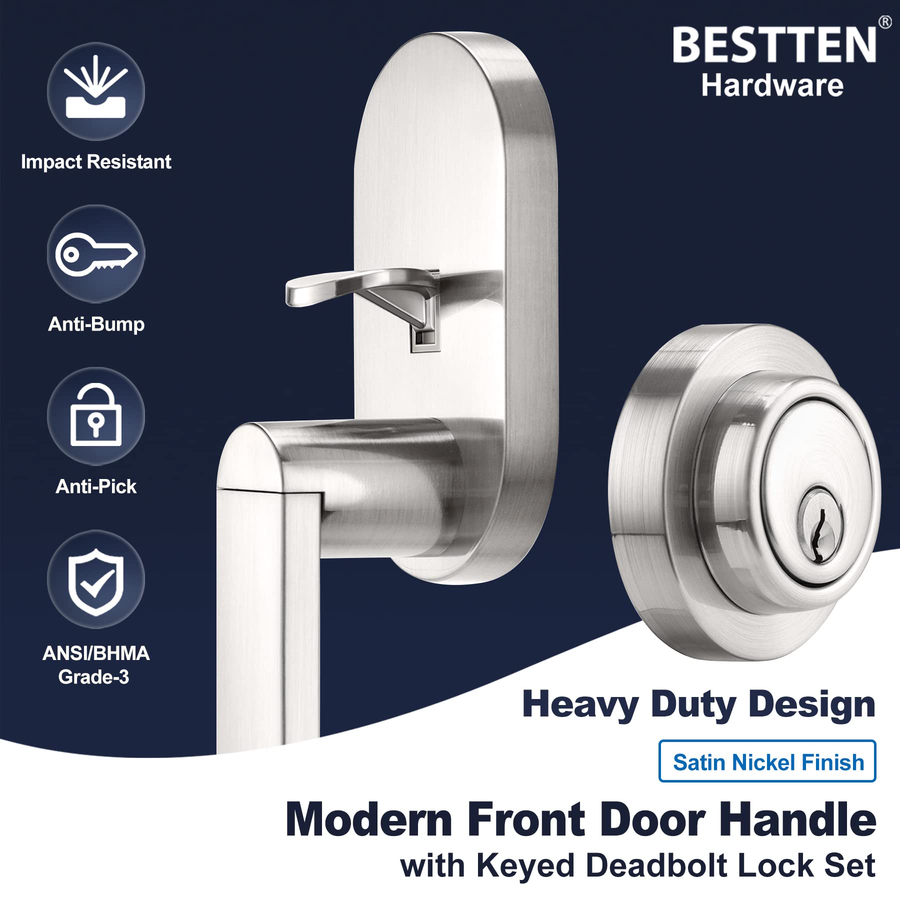 BESTTEN Heavy Duty Front Entry Door Handle Set with Single Cylinder Deadbolt Lock & Reversible Lever - Satin Nickel Finish | Secure Home & Office Door Hardware for Enhanced Safety