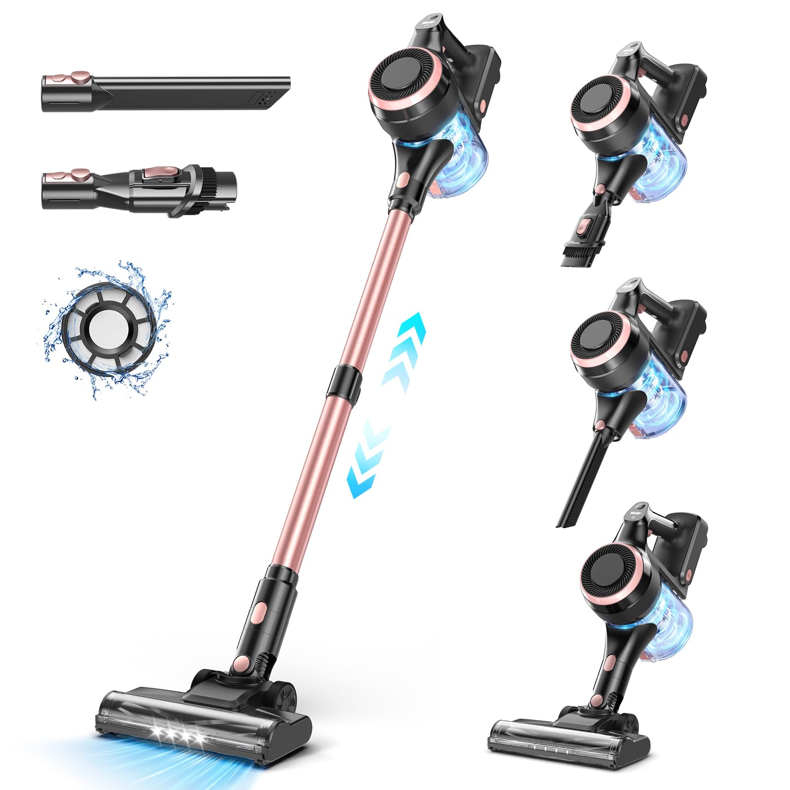Vazone S22 6-in-1 Cordless Stick Vacuum Cleaner with 40KPa Powerful Suction, Lightweight Self-Standing Rechargeable Vacuum for Pet Hair & Home Cleaning - Gold (Perfect for Hard Floors, Carpets & Pet Owners)