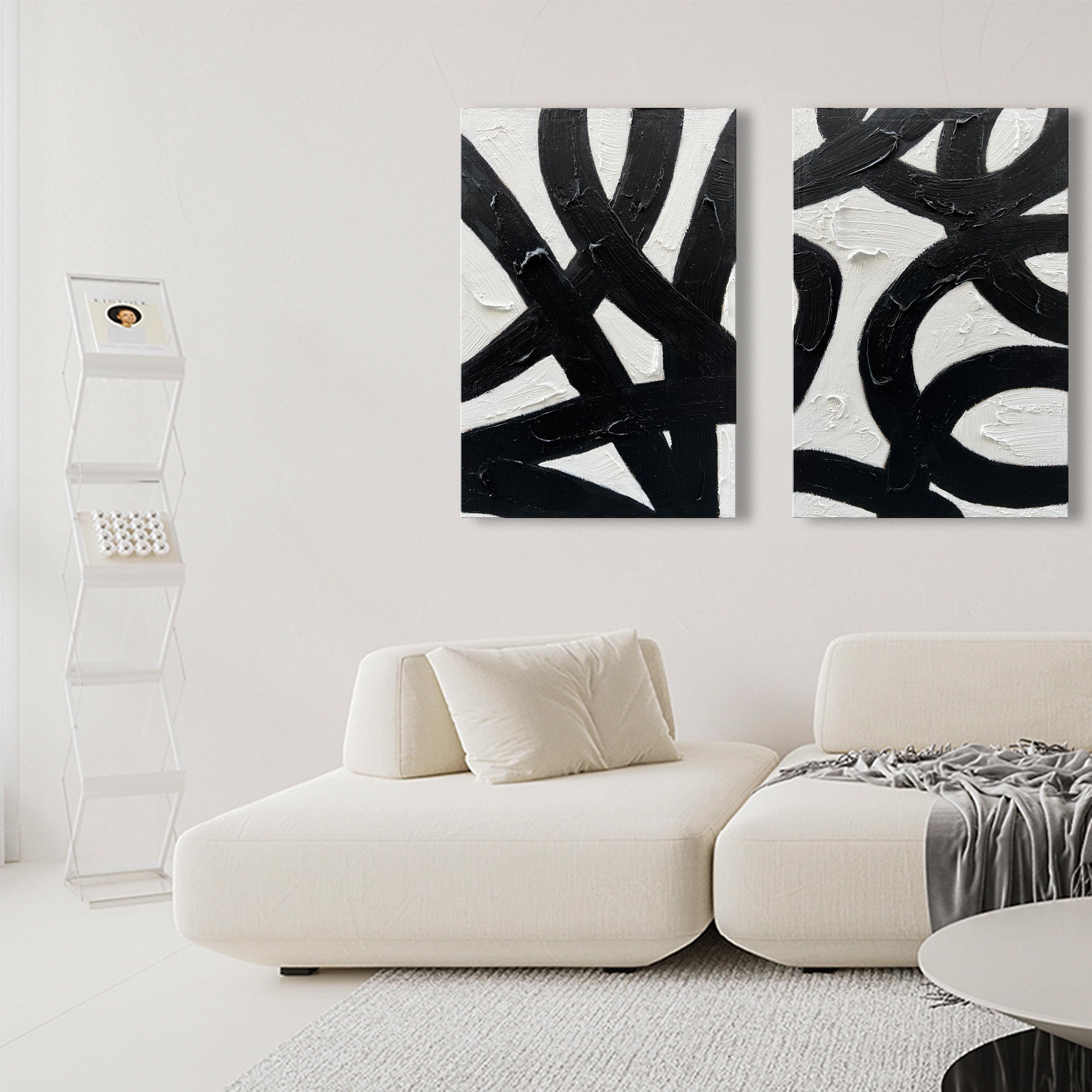 Modern Abstract Black & White Oil Painting - Minimalist Textured Wall Art Set (36x24 Inches, 2 Panels) - Perfect for Living Room, Bedroom & Office Decor