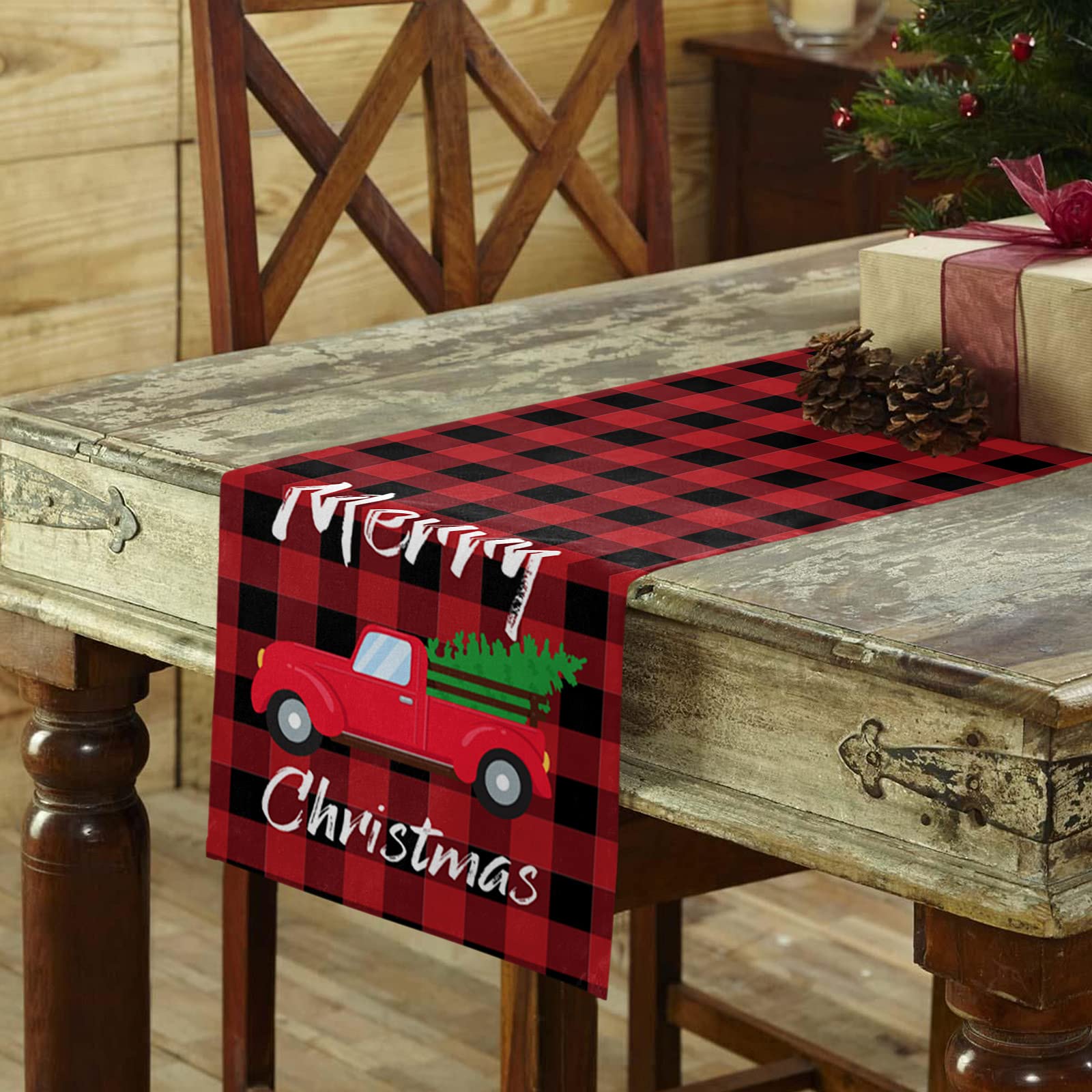 72 Inch Long Red and Black Buffalo Plaid Christmas Table Runner - Holiday Truck with Tree Design for Kitchen, Dining Table, Party & Home Decor (13x72 inches) - Perfect for Christmas Celebrations, Dinner Parties, and Festive Home Styling